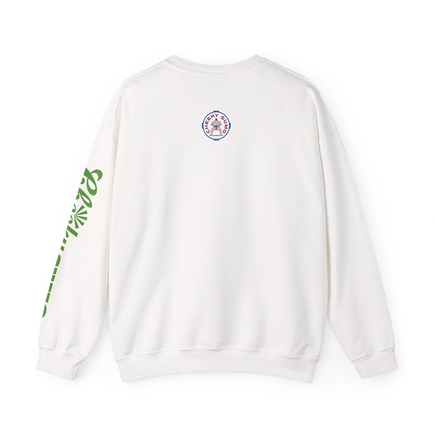 Back of white sweatshirt with pink and blue Cheeky Sumo rays logo on upper center and “Cheeky Sumo” in green down left sleeve.