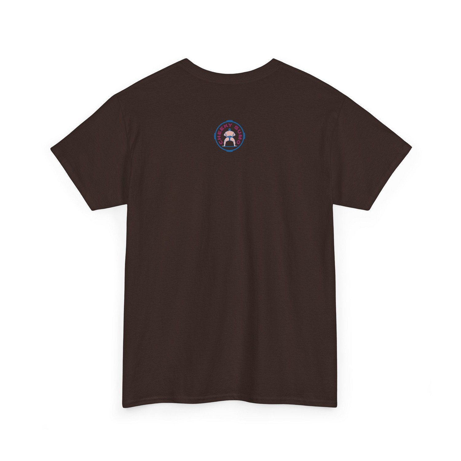Back of a dark chocolate t-shirt featuring the round Cheeky Sumo rays logo in the upper center.