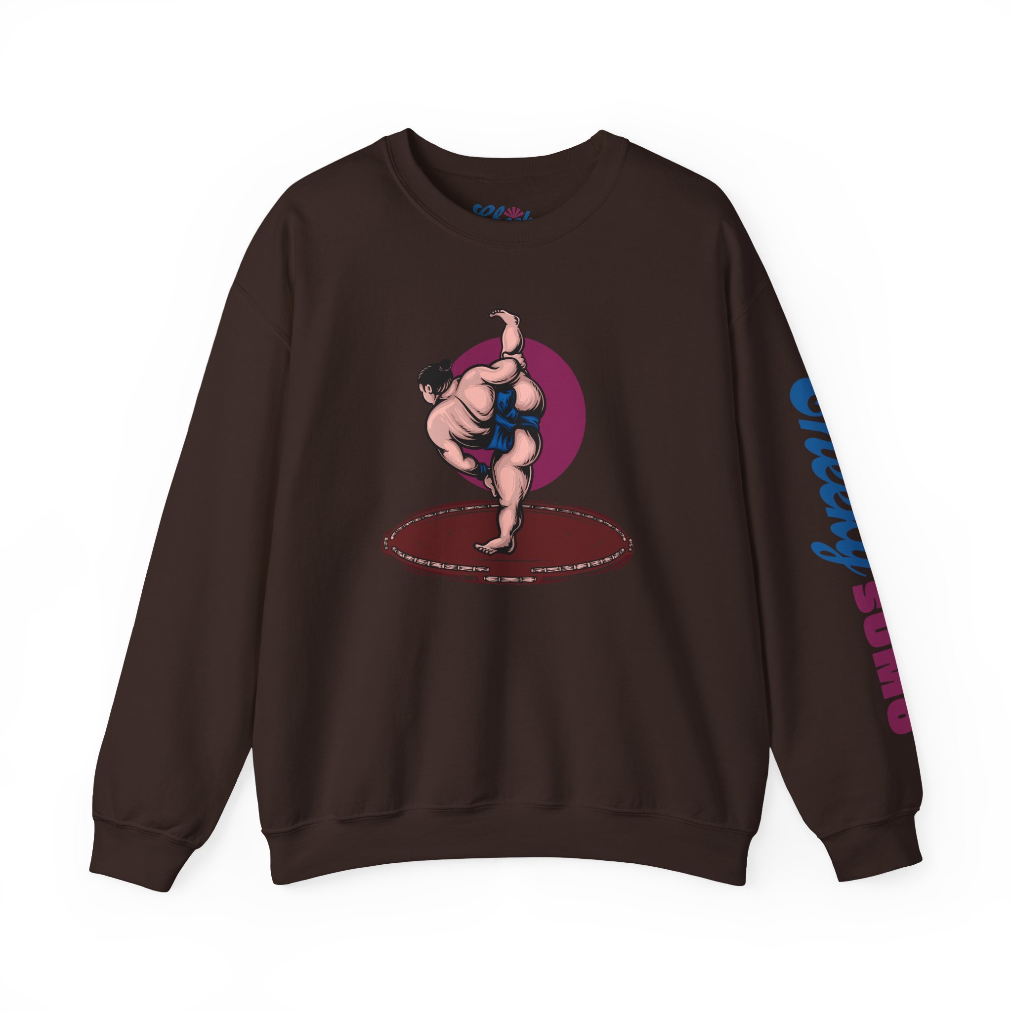 dark brown sumo sweatshirt with bold shiko stomp graphic in front and "Cheeky Sumo" down left arm