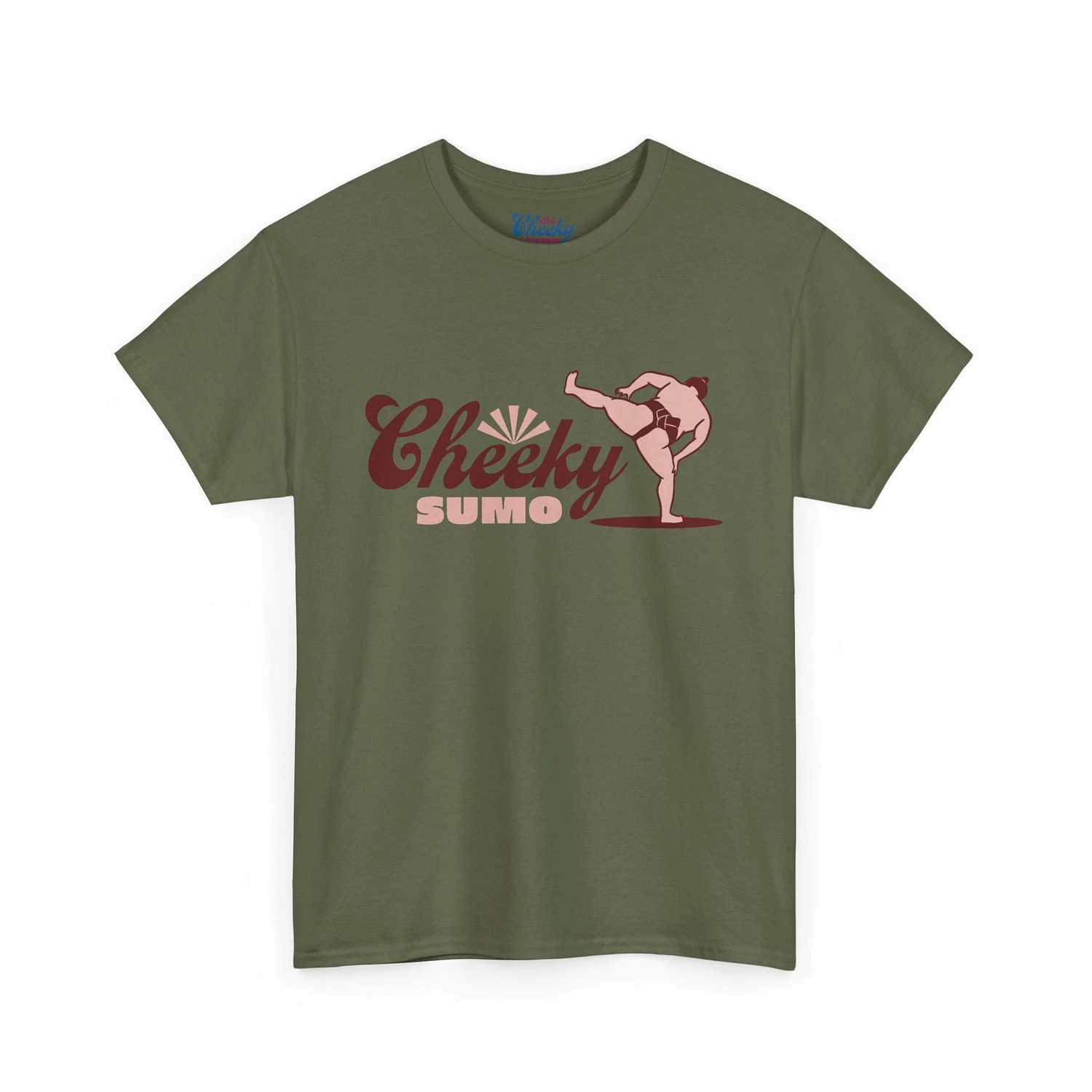 Front of military green t-shirt featuring the Cheeky Sumo logo with a sumo wrestler performing a shiko (side kick).