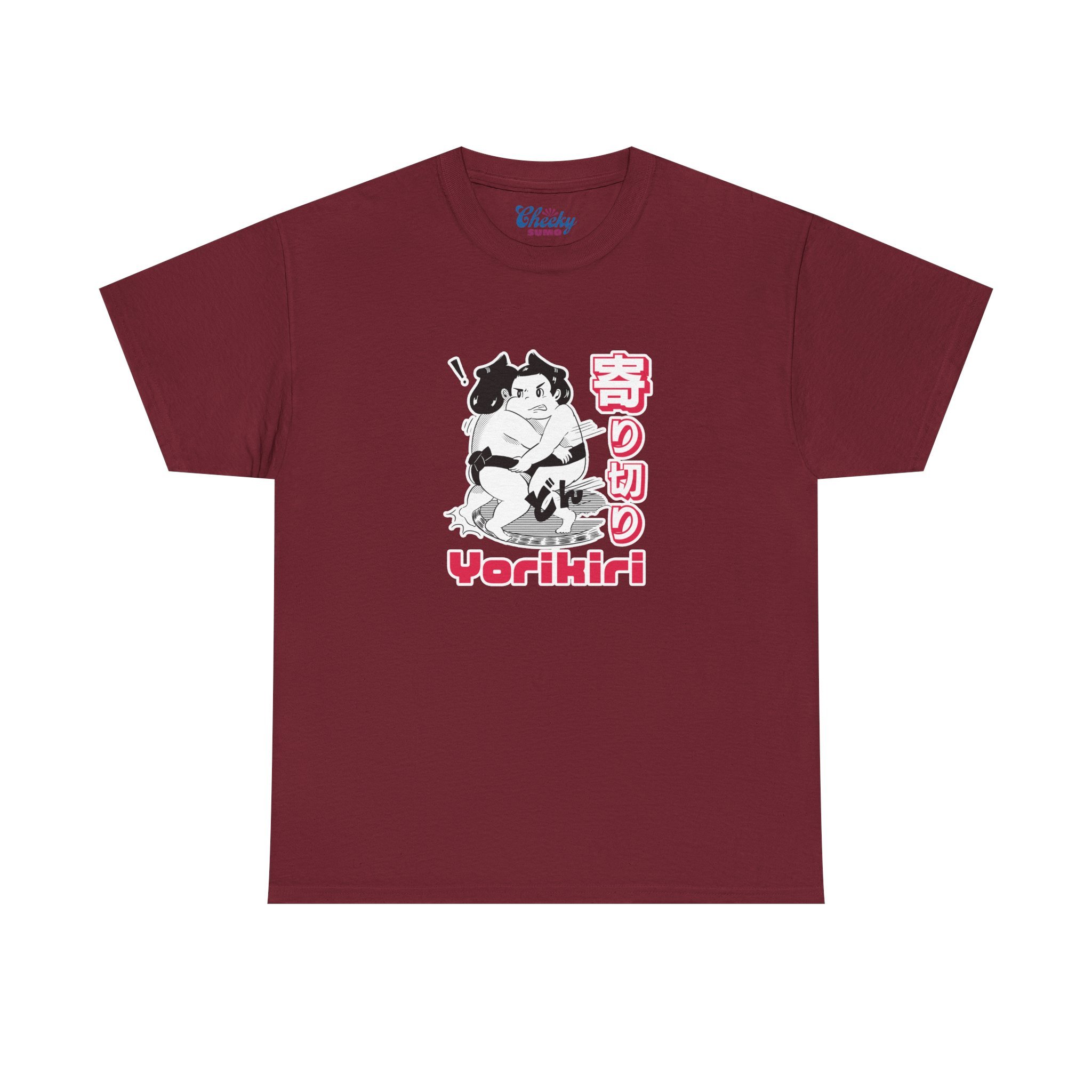 garnet t-shirt with Sumo rikishi performing yorikiri and bold text in English and Japanese