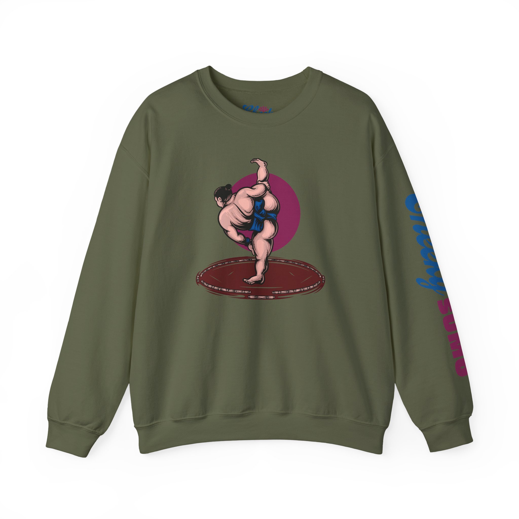 military green sumo sweatshirt with bold shiko stomp graphic in front and "Cheeky Sumo" down left arm