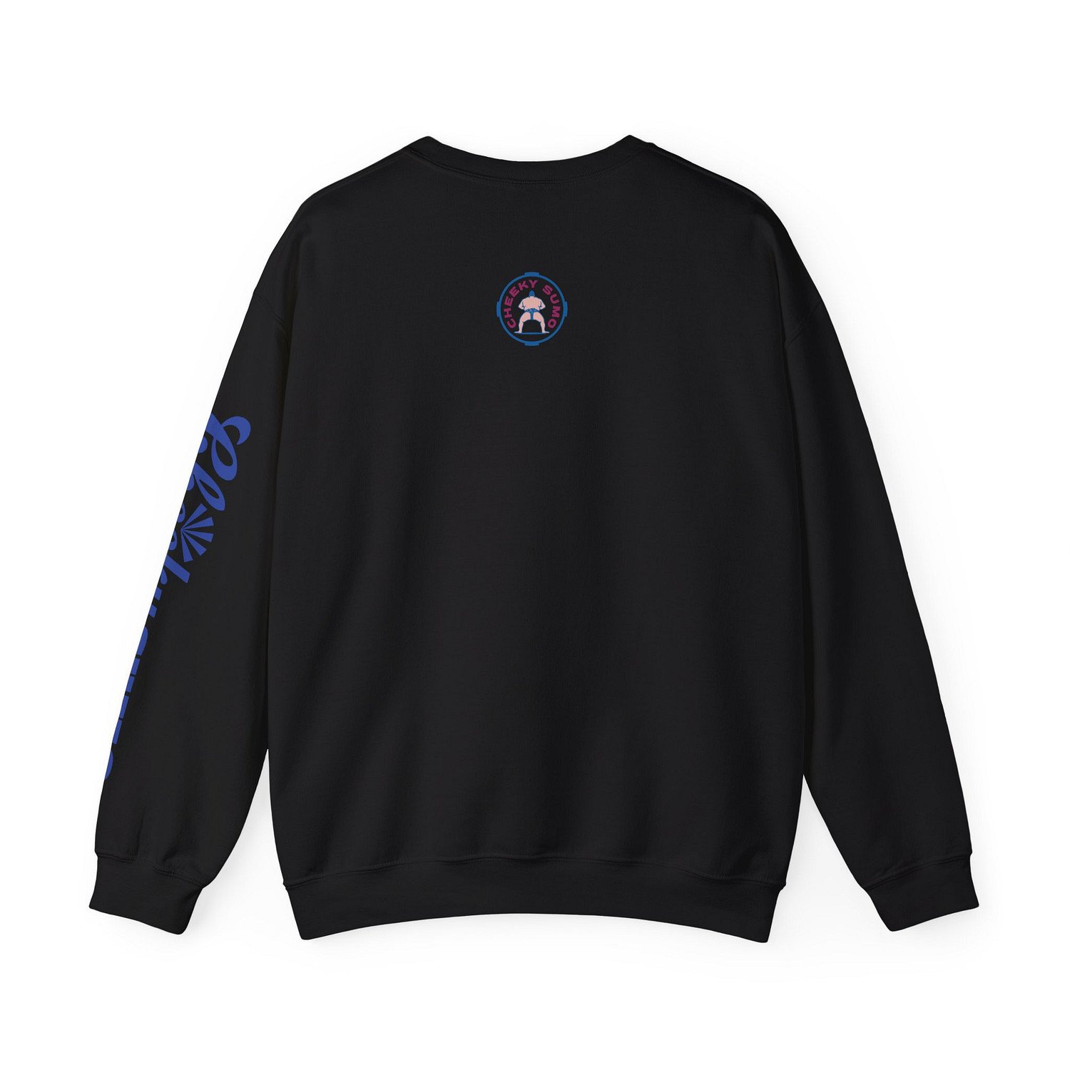 Back of a black sweatshirt featuring the round Cheeky Sumo pink and blue rays logo in the upper center.