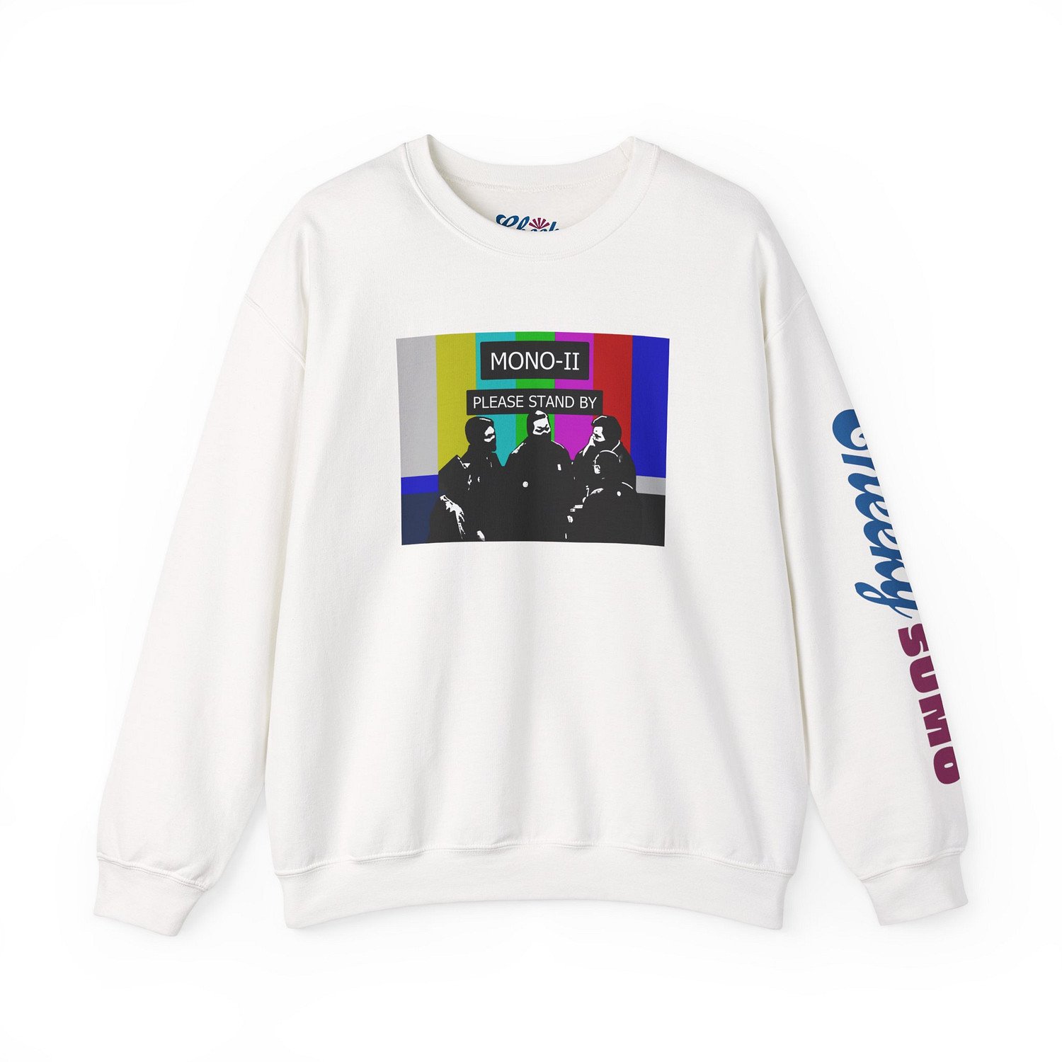 White sweatshirt with sumo mono-ii and colorful no service TV graphic on front and Cheeky Sumo logo on left sleeve