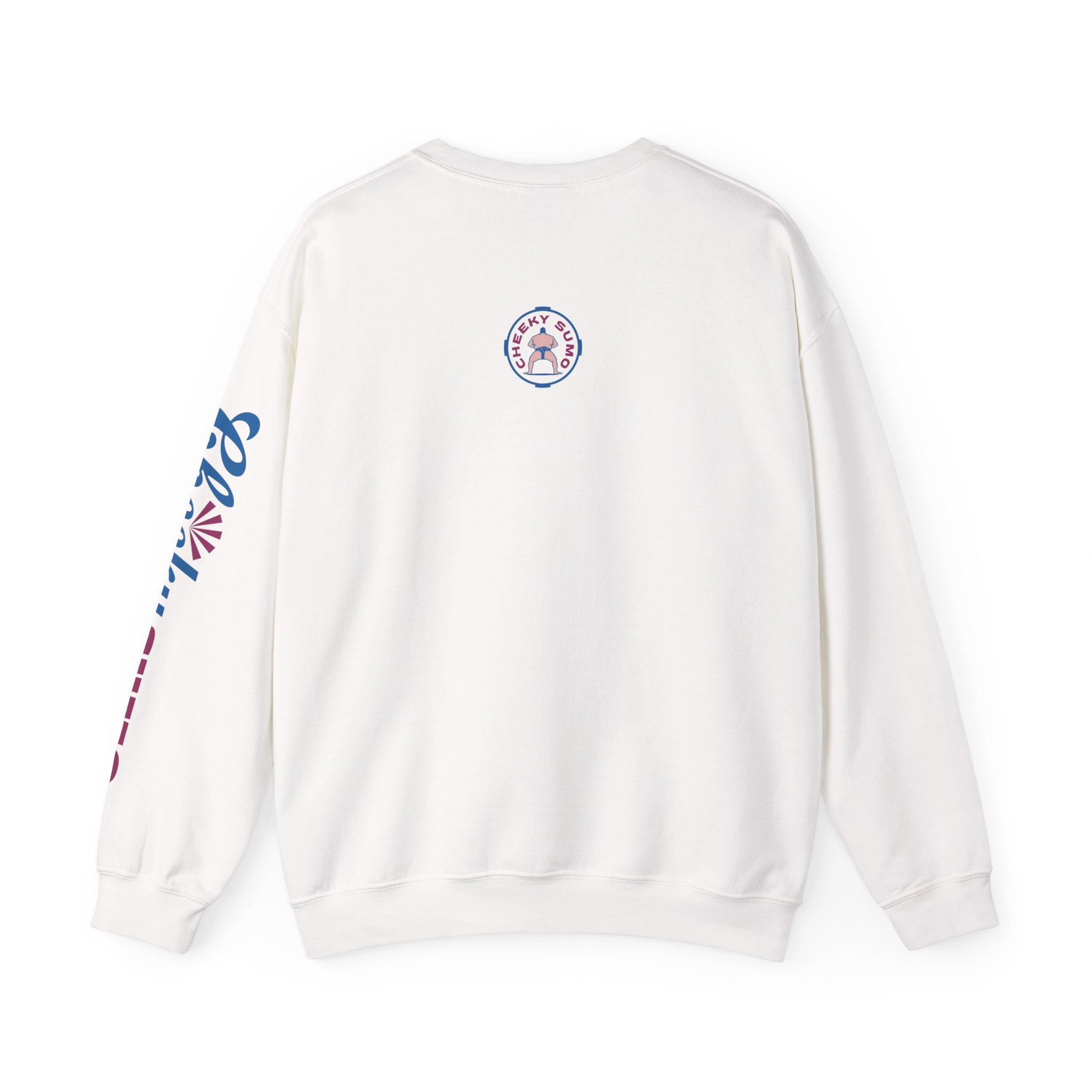 back of white sweatshirt with Cheeky Sumo classic rays logo centered near the collar