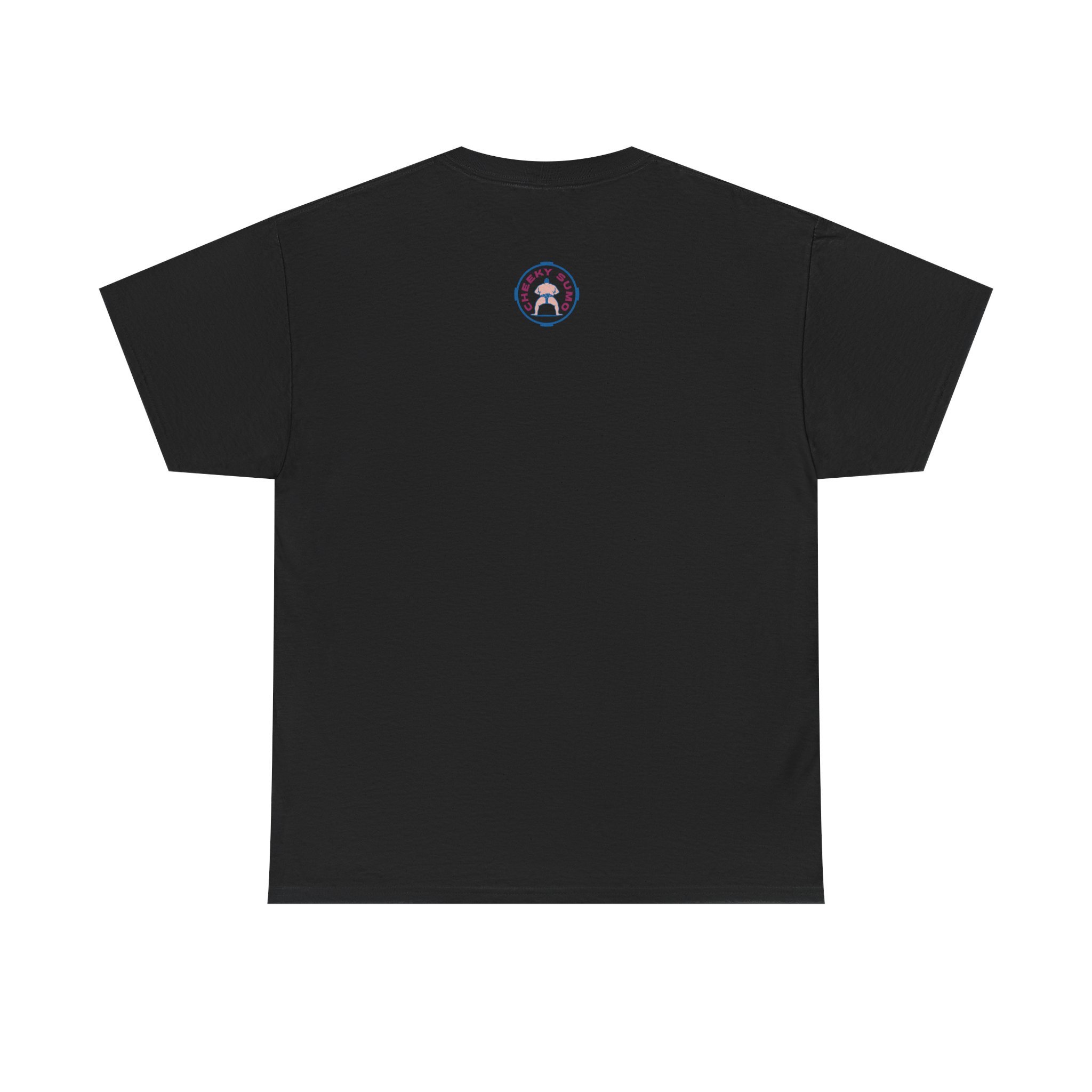 Back of black t-shirt with pink and blue Cheeky Sumo rays logo on upper center and “Cheeky Sumo” down left sleeve.
