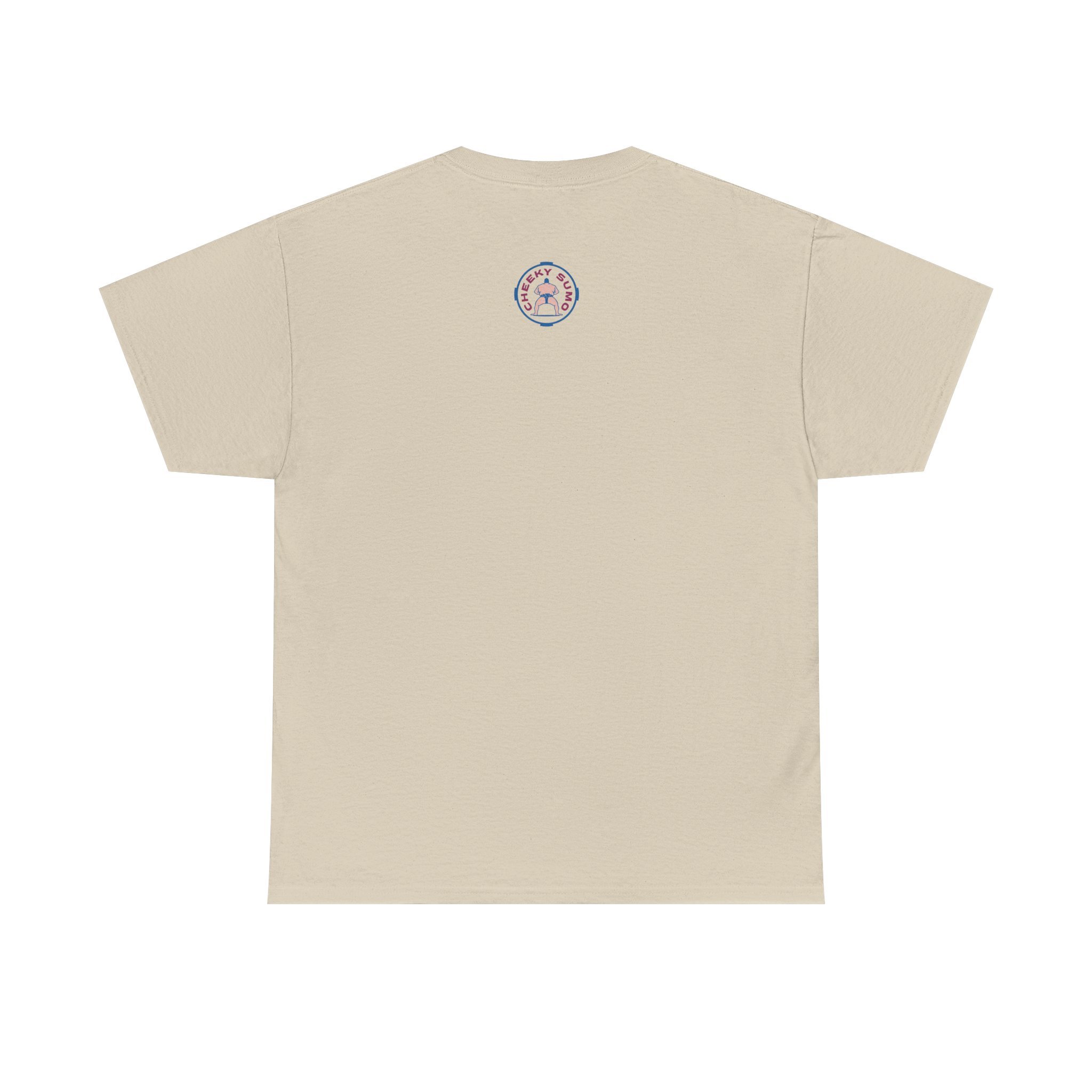 back of sand t-shirt with classic round Cheeky Sumo rays logo