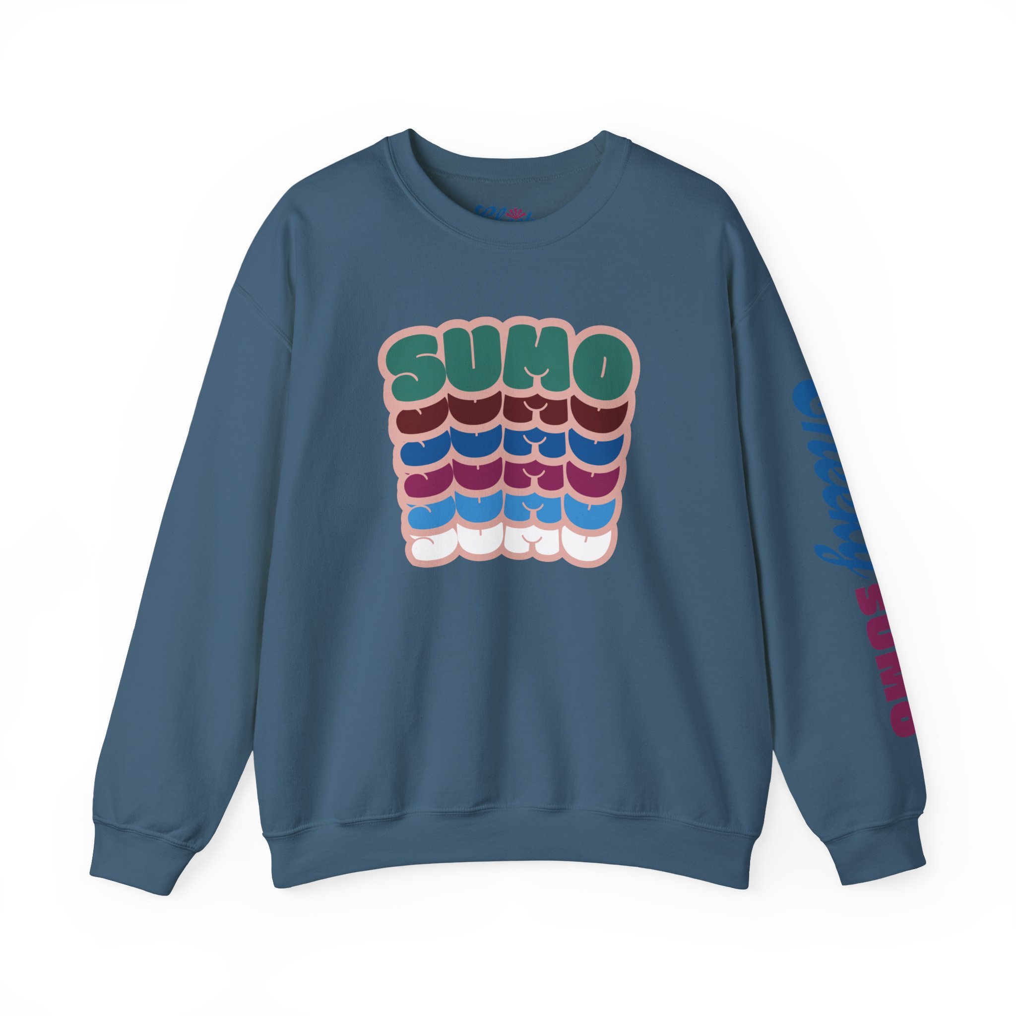 indigo blue sweatshirt with “Sumo” written six times in colorful bubble letters stacked vertically