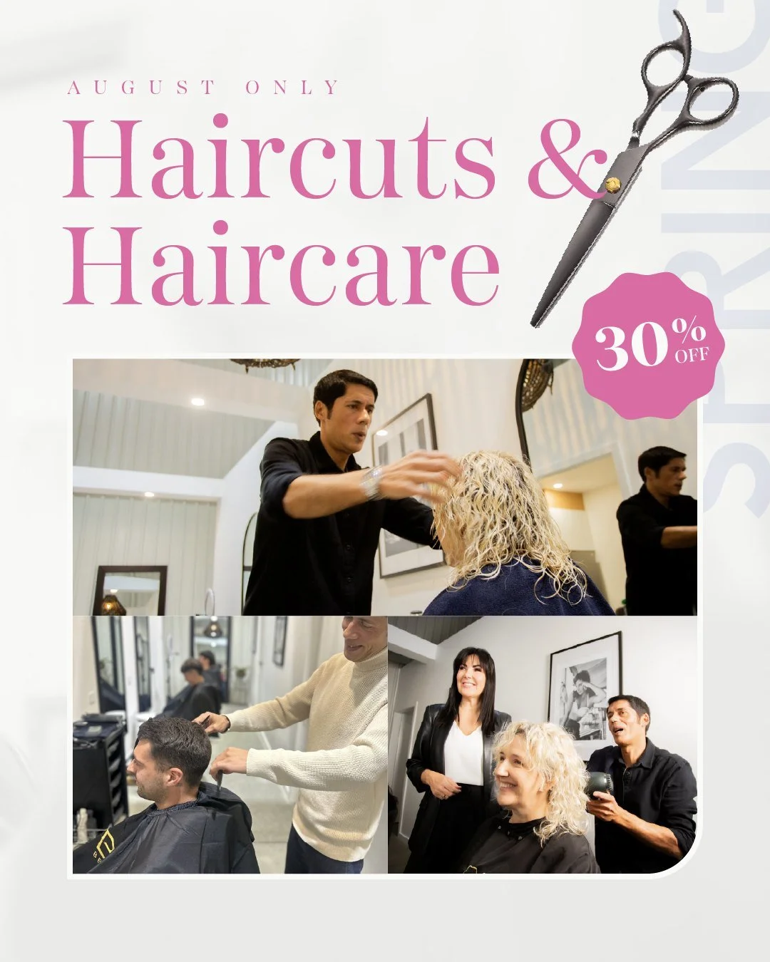 Special offer coming your way for August bookings only! 
We want you to spring into spring, so enjoy 30% OFF all Haircuts &amp; Haircare for August!

Whether you're after a fresh cut, a nourishing treatment, or the best curly hair products, George an