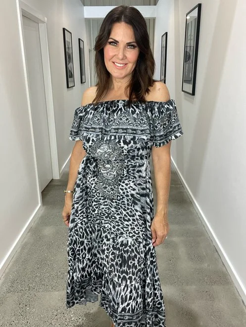 KSS-dress-hire-Kerry-Brownell-Hi-Lo-Maxi Dress-Leopard print-black-and-white-2.jpg