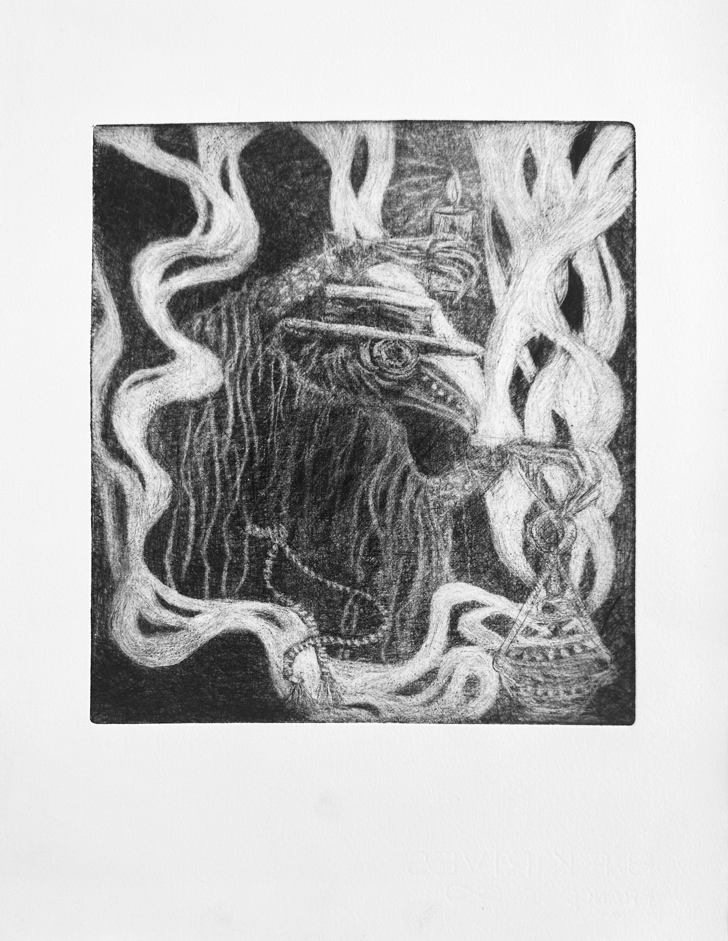 PLAGUE DOCTOR / 2024/
Mezzotint Etching/
8" x 10"/
Depicting the eeriness of this time in history through the effect of smoke and light.