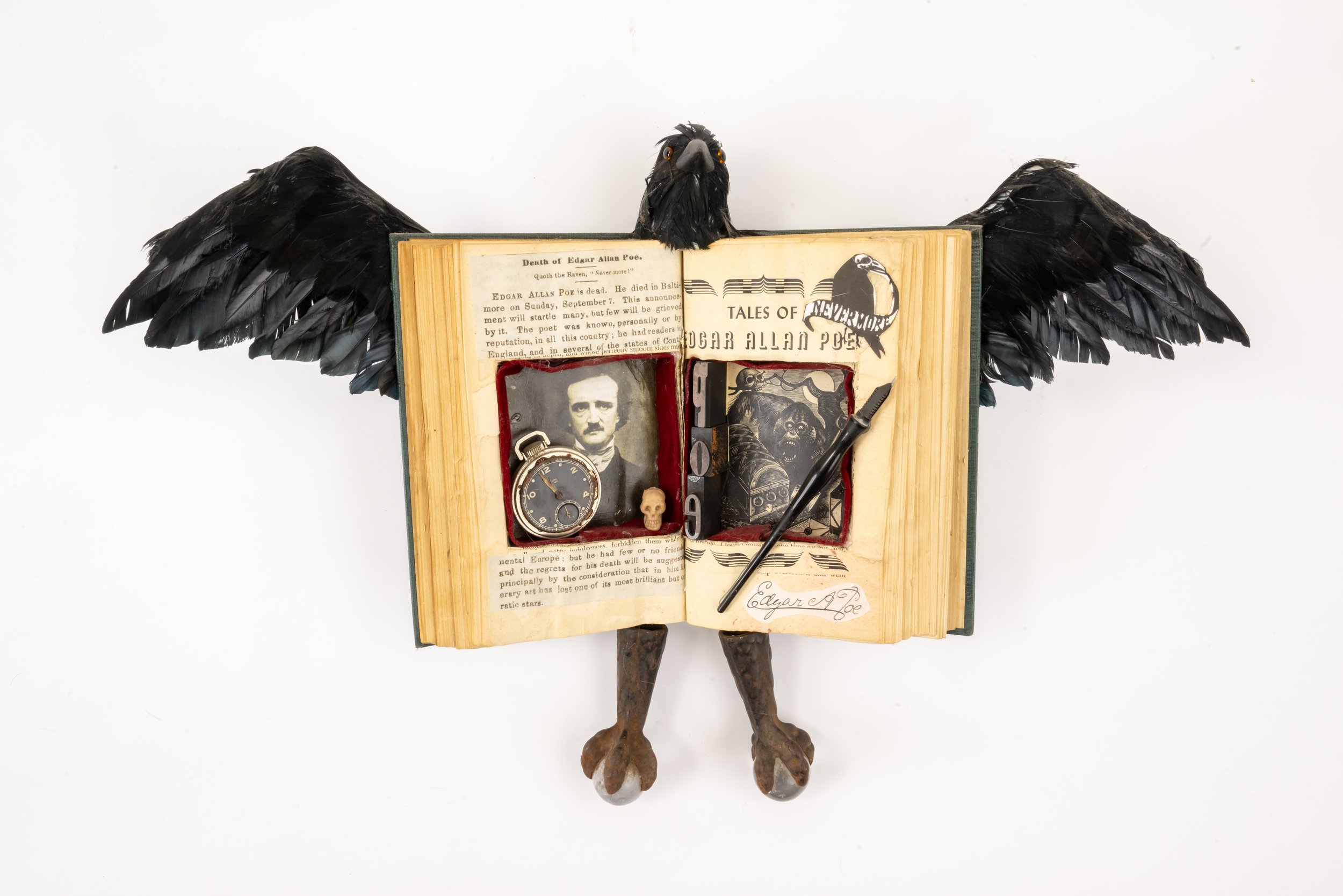 DEATH OF A POET / 2016/
Mixed Media/
16" x 11"
Materials: Poe book, Feathers, obituary, quill, book page, letterpress, skull, and piano stool legs.
Reading a story about how Poe died inspired this creation.
