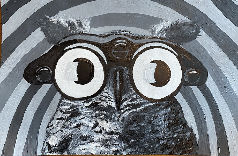 YOU ARE IN MY SIGHTS / 2021/
Painting/
16" x 9"/
This was an exploration in grayscale with a psychedelic slant.