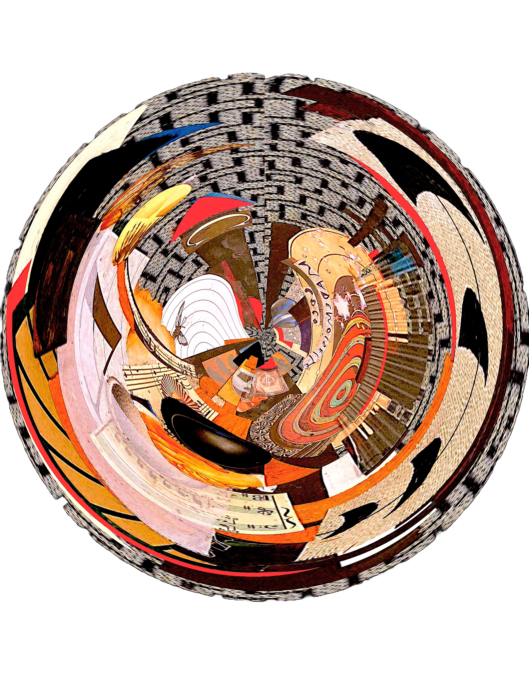 ROUND & ROUND / 2021/
Collage & Digital Art/
10" Diameter/
A digitally altered and spun fabric collage.