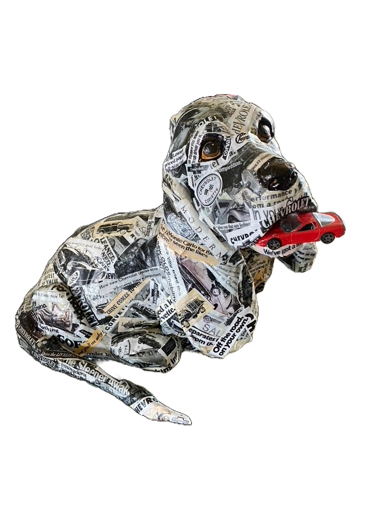 CHEVY / 2020/
Papier Mâche/
23" x 13"/
Materials: Chicken wire frame, paper, glue, vintage Chevy catalogs, matchbox car, and glass eyes.
A mascot, a Bassett Hound named Chevy, was commissioned for Dade City Brewery, which is hou