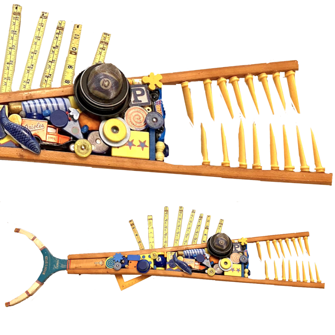 FISHING FOR COMPLEMENTS / 2022/
Mixed Media/
15" X 42"/
Materials: Corn holders, a crutch, a tennis racquet, a folding measuring stick, and random toys.
I wanted to make a piece that played with complementary colors.