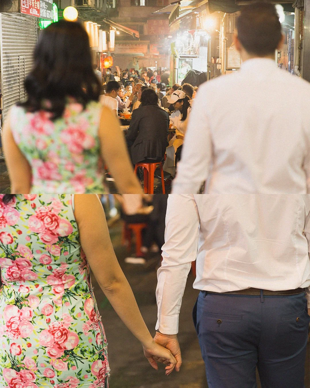 A couple holding hands while walking through a busy street market at night, with a crowded dining area and street food stalls in the background.
