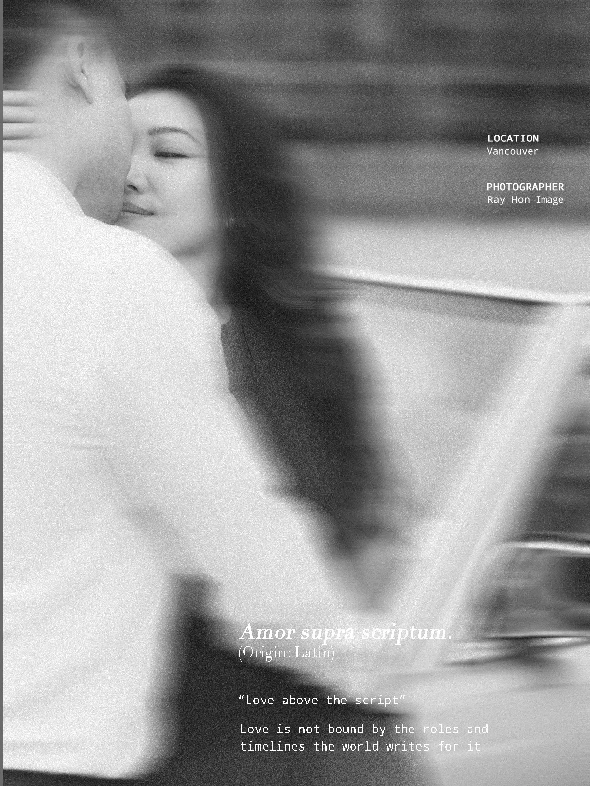 Intimate couple photo in cinematic black and white shot in Downtown Vancouver