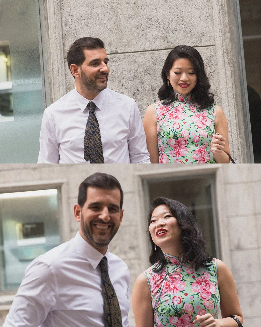 A man and woman walking together outside, dressed in formal attire. The man is wearing a white shirt with a patterned tie, and the woman is wearing a floral dress. They are smiling and looking at each other.
