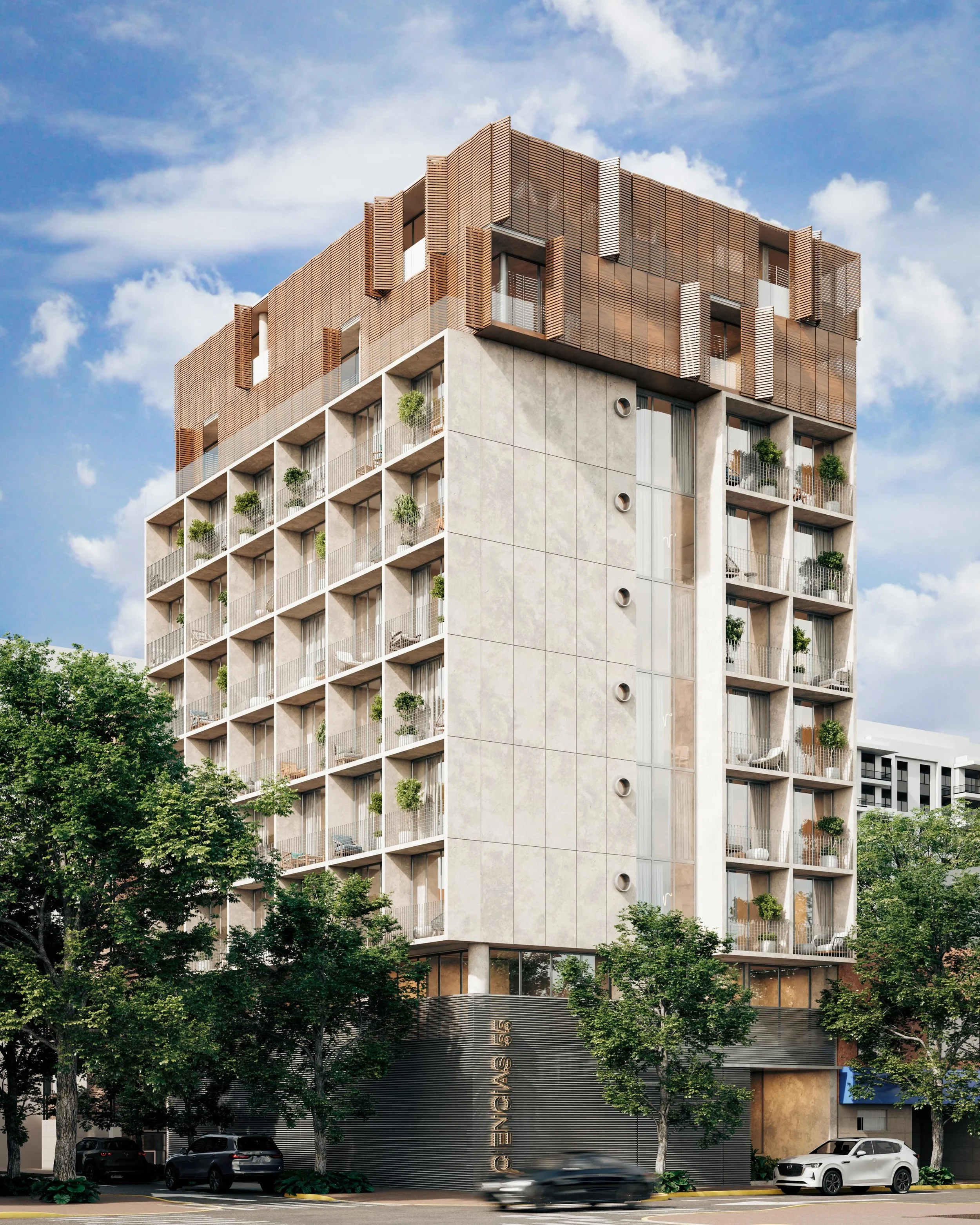 Edificio moderno de varios pisos con balcones con plantas, fachada de concreto y madera, y árboles en la calle