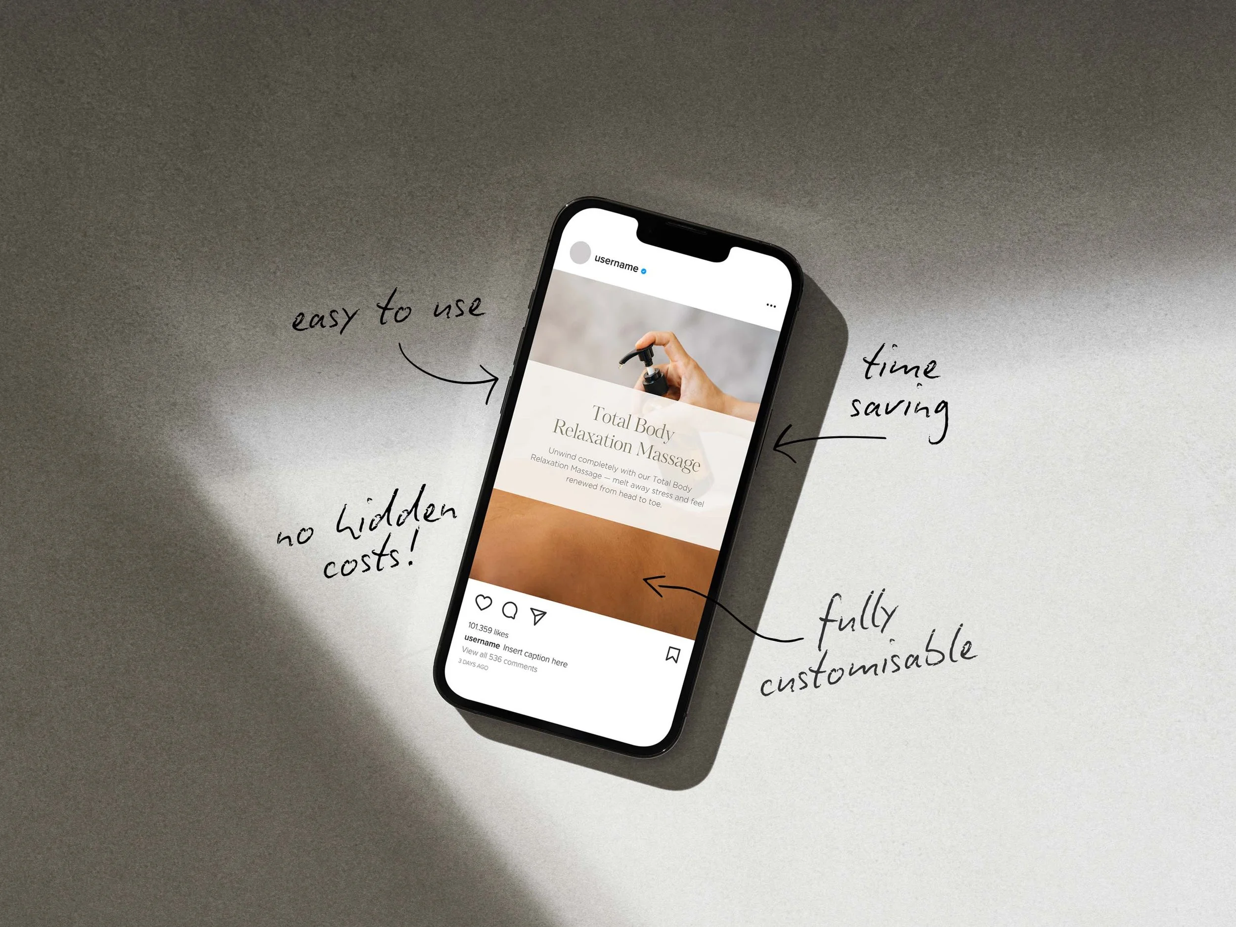 Smartphone displaying an Instagram post about a body massage service, surrounded by handwritten notes highlighting its features: easy to use, time saving, no hidden costs, and fully customizable. The phone is placed on a flat surface with shadows cast around it.