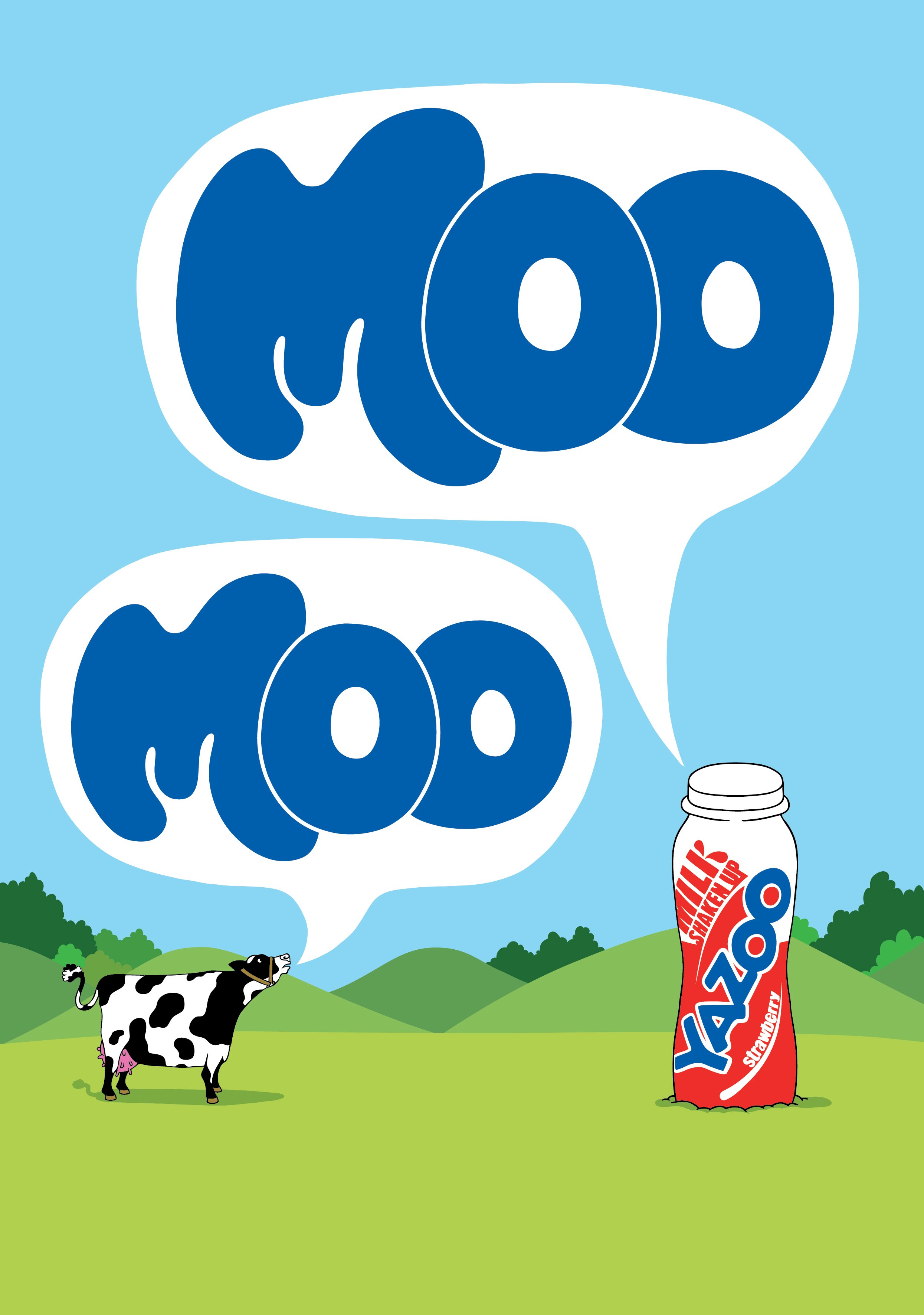 Yazoo Moo advertising illustration by Chris Martin – clean graphic commercial artwork of a cartoon cow mooing at a giant Yazoo strawberry milkshake bottle in a green rolling landscape, commercial advertising illustration for Yazoo