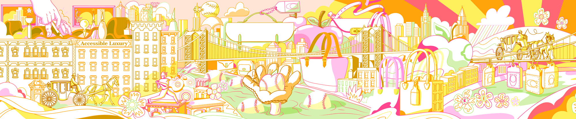 Coach flagship store installation illustration by Chris Martin – vibrant pop art mural featuring New York City skyline, vintage taxi cab, horse-drawn carriage, pearl necklace, and floral motifs in yellow, pink and orange for Coach retail