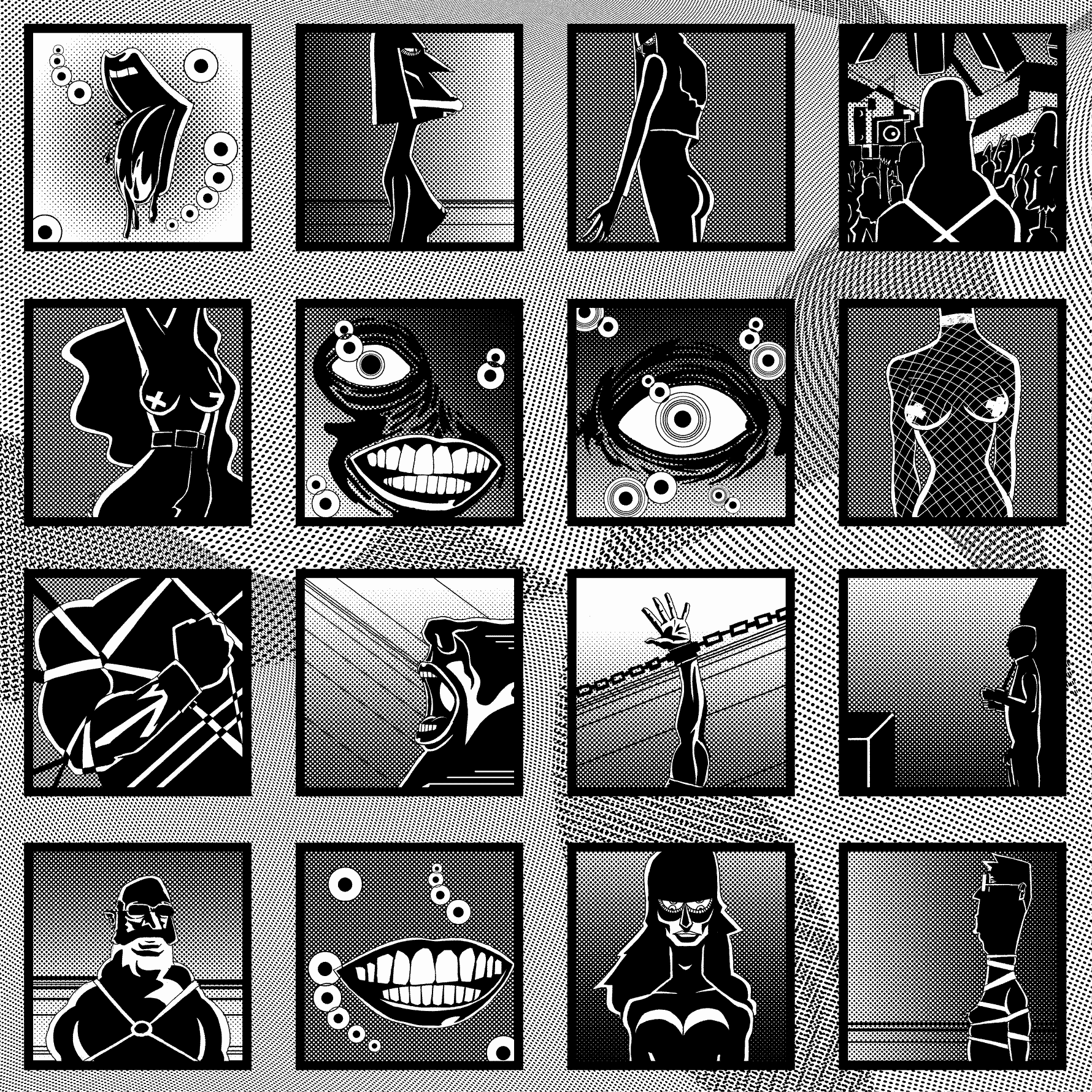 Berghain Dark Rooms illustration by Chris Martin – black and white halftone grid of sixteen panels depicting Berlin nightclub culture with bold graphic figures, personal digital artwork
