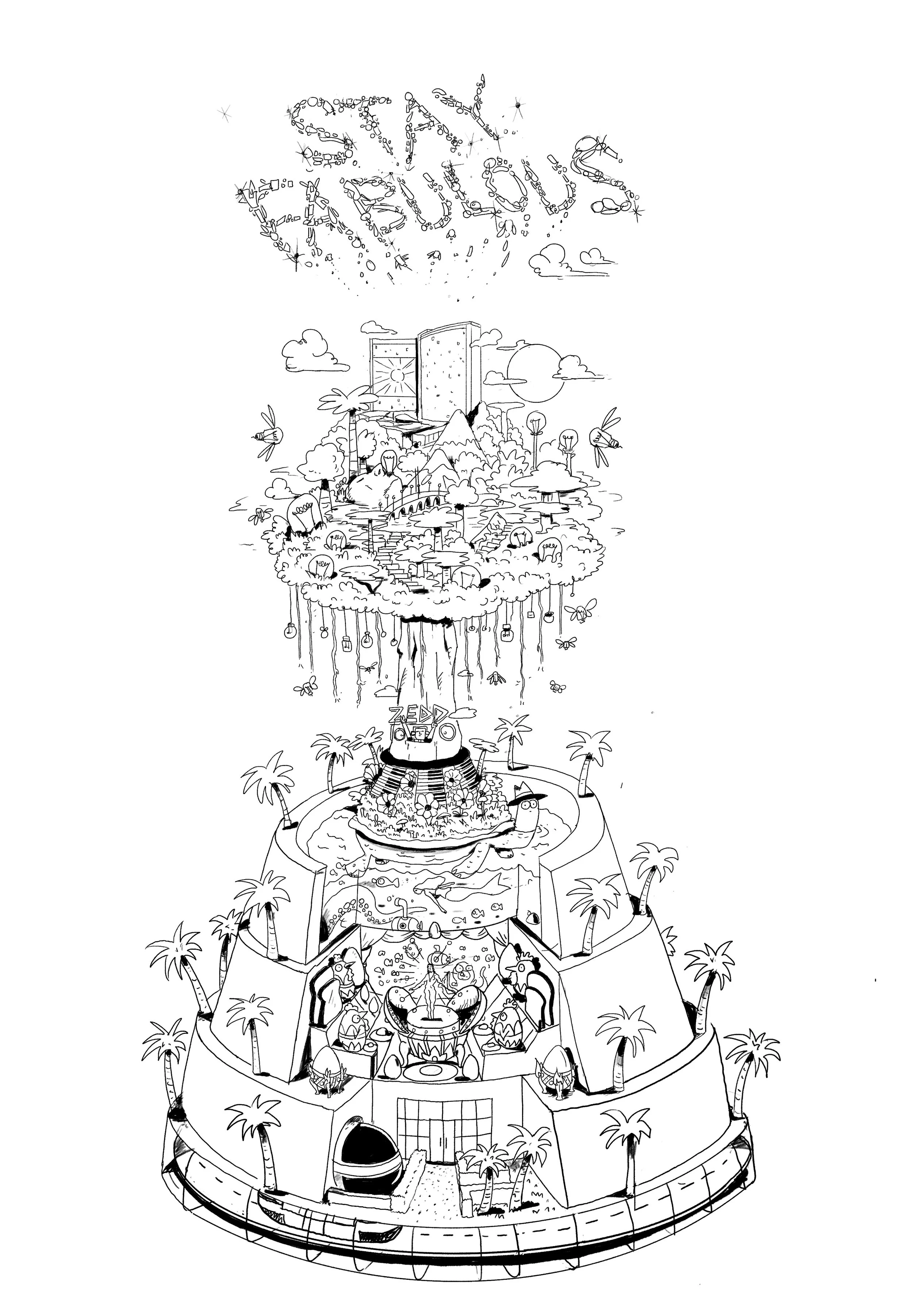 Tiered fountain stage concept illustration by Chris Martin for Resorts World Las Vegas – line drawing of multi-level tropical performance set with palm trees and central DJ booth, concept art for PSYOP production