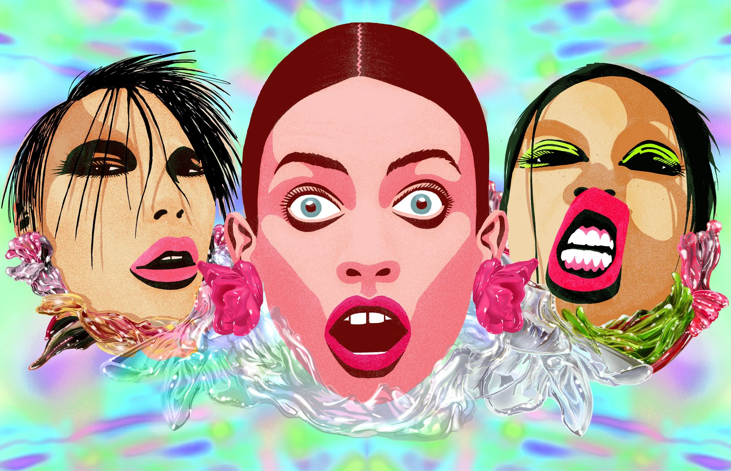 Jewellery fashion illustration by Chris Martin – vibrant digital portrait of three expressive faces emerging from iridescent water with bold pink earrings and graphic makeup, personal fashion artwork