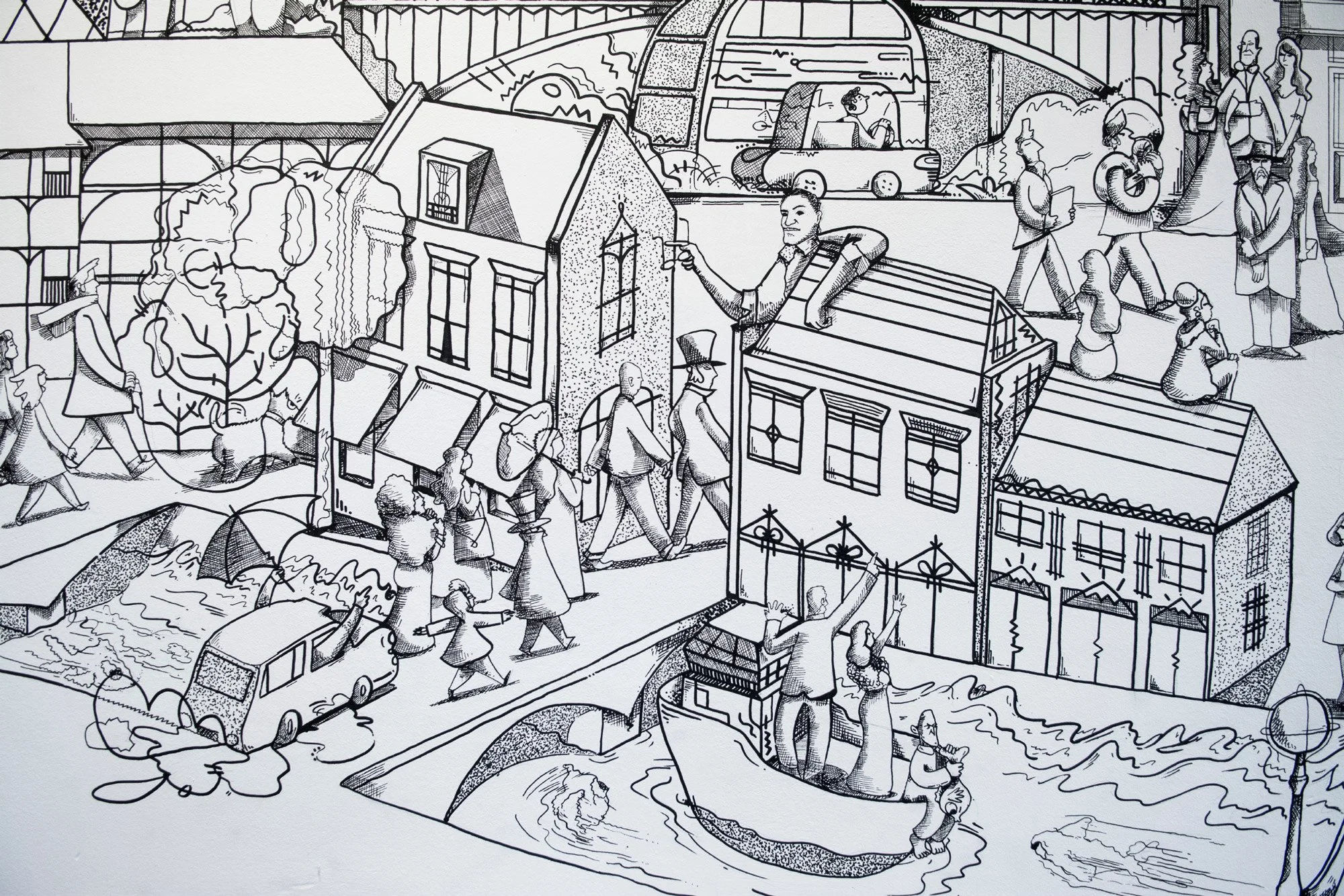Close-up detail of hand-painted wall mural by Chris Martin – intricate black ink illustration featuring Victorian street scene, figures in a rowing boat, top-hatted pedestrians and Georgian architecture for The Old Vic Theatre London