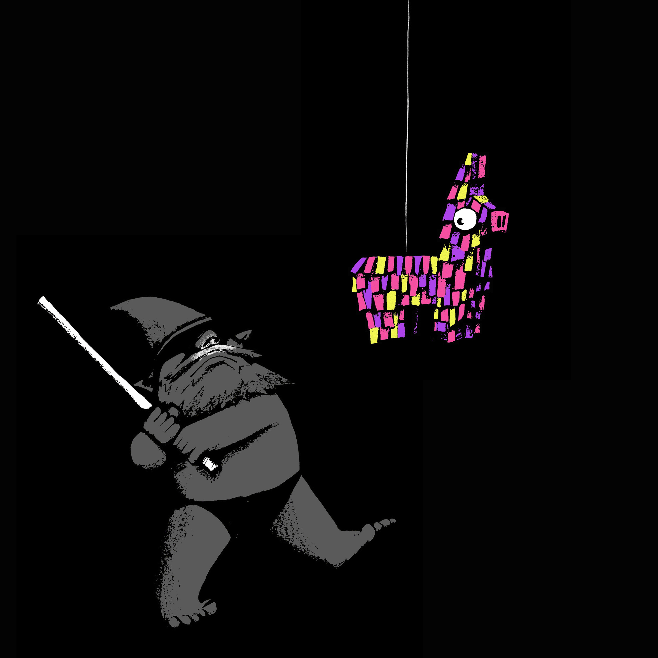 Cocaine Piñata illustration by Chris Martin – dark humour artwork featuring a gnome character with a stick facing a colourful donkey piñata on a black background, personal print artwork
