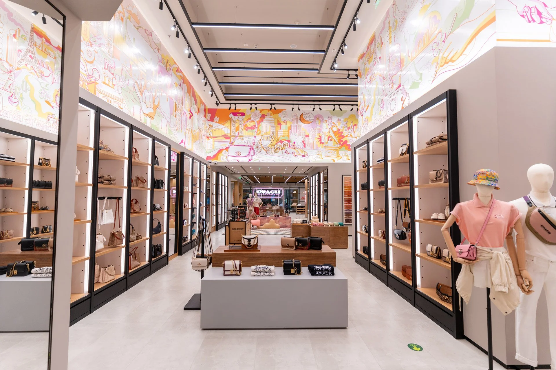 Coach flagship store installation illustration by Chris Martin – vibrant pop art mural featuring New York City skyline, vintage taxi cab, horse-drawn carriage, pearl necklace, and floral motifs in yellow, pink and orange for Coach Beijing Flagship