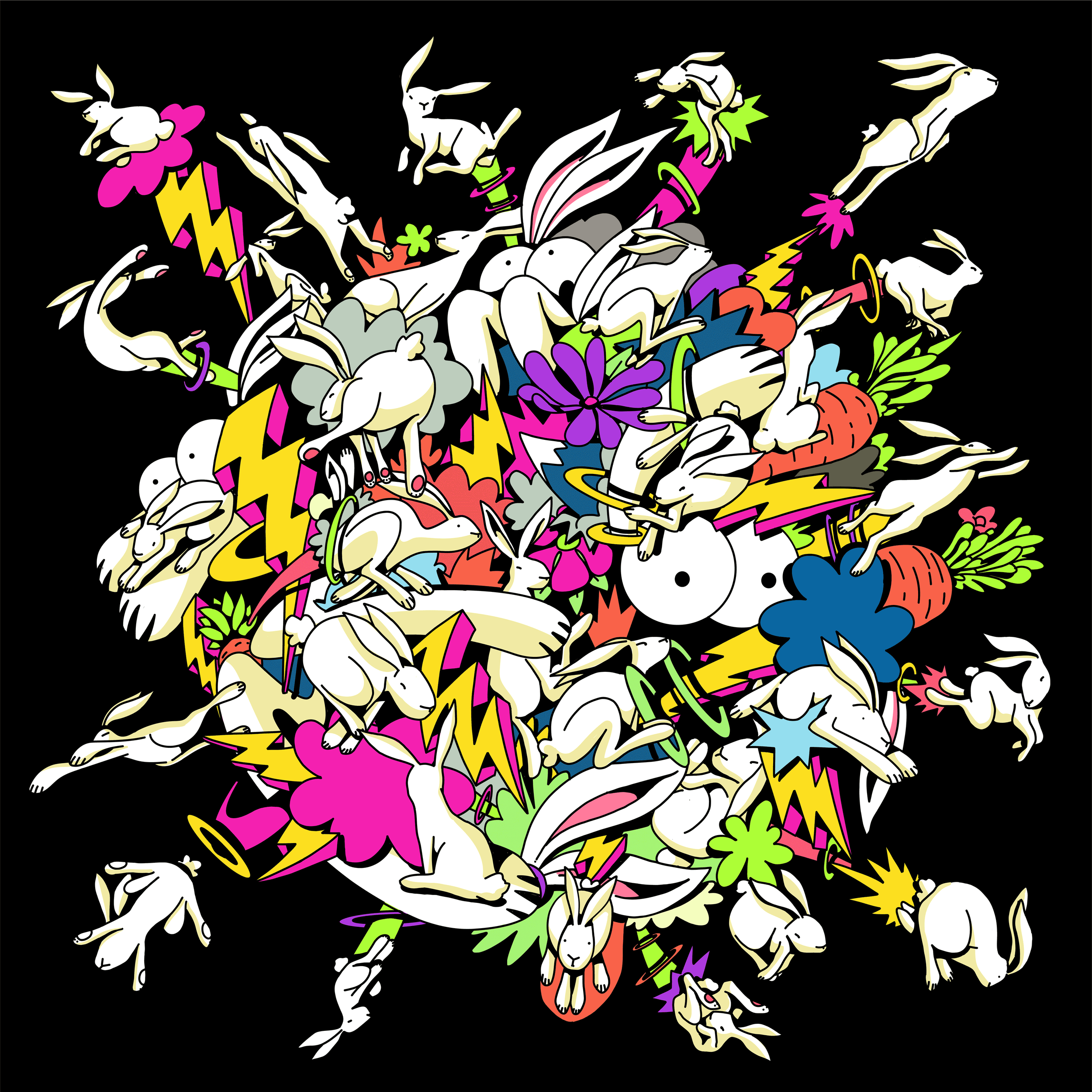 Niolife fashion apparel illustration by Chris Martin – explosive cluster of white rabbit characters surrounded by neon lightning bolts, flowers and carrots on black background, commercial fashion artwork for Asian apparel brand