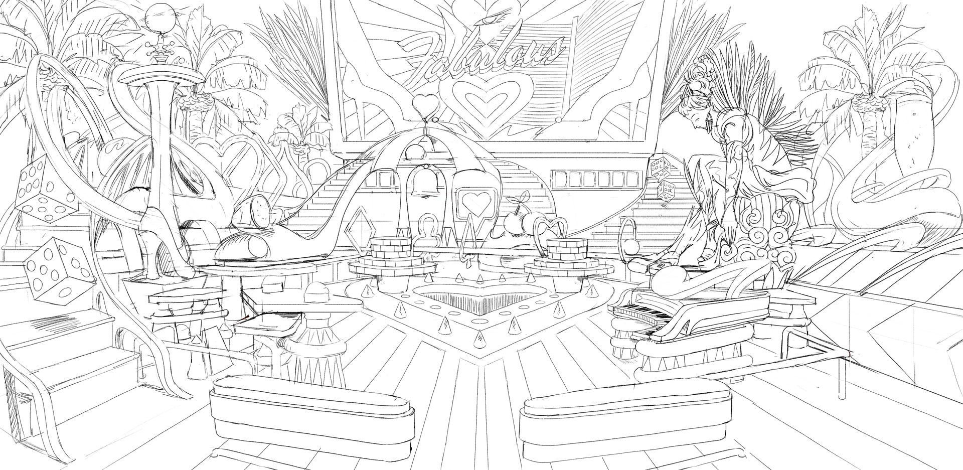 Concept art sketch by Chris Martin for Resorts World Las Vegas – line drawing of glamorous casino-themed stage design featuring dice, playing cards and palm trees, PSYOP production set design illustration