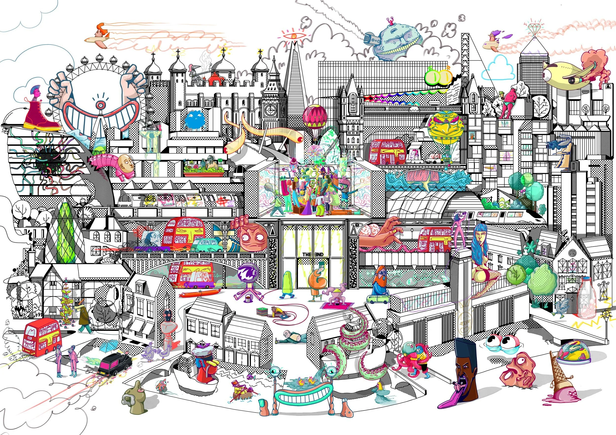 Old Vic Theatre remix illustration by Chris Martin – bold mixed media London cityscape combining detailed black ink architecture with surreal colourful pop art characters, monsters and landmarks including the London Eye and Tower of London