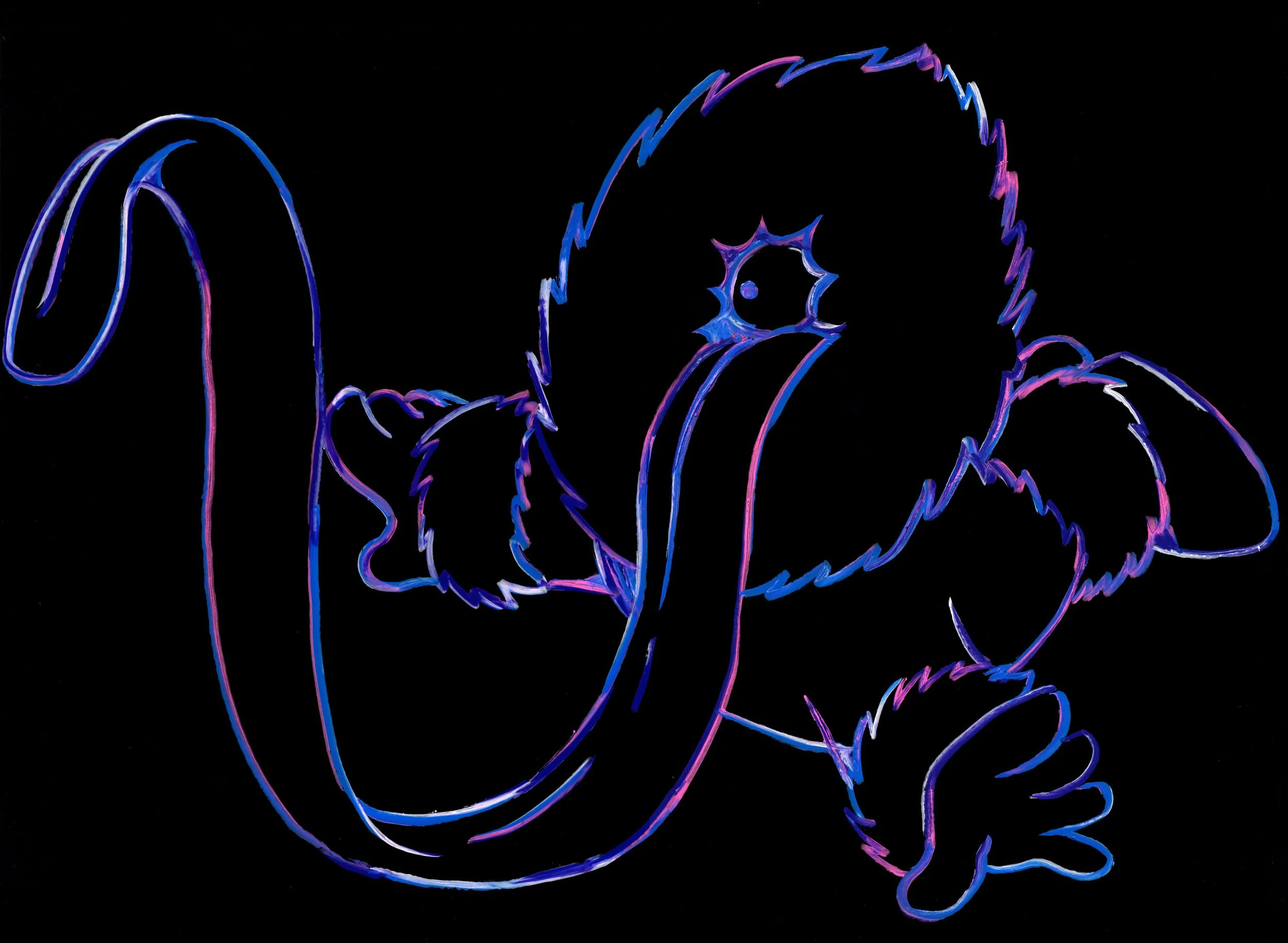 Acid Eskimo oil stick painting by Chris Martin – neon blue and purple gestural animal character painted in oil stick on black background, personal mixed media artwork