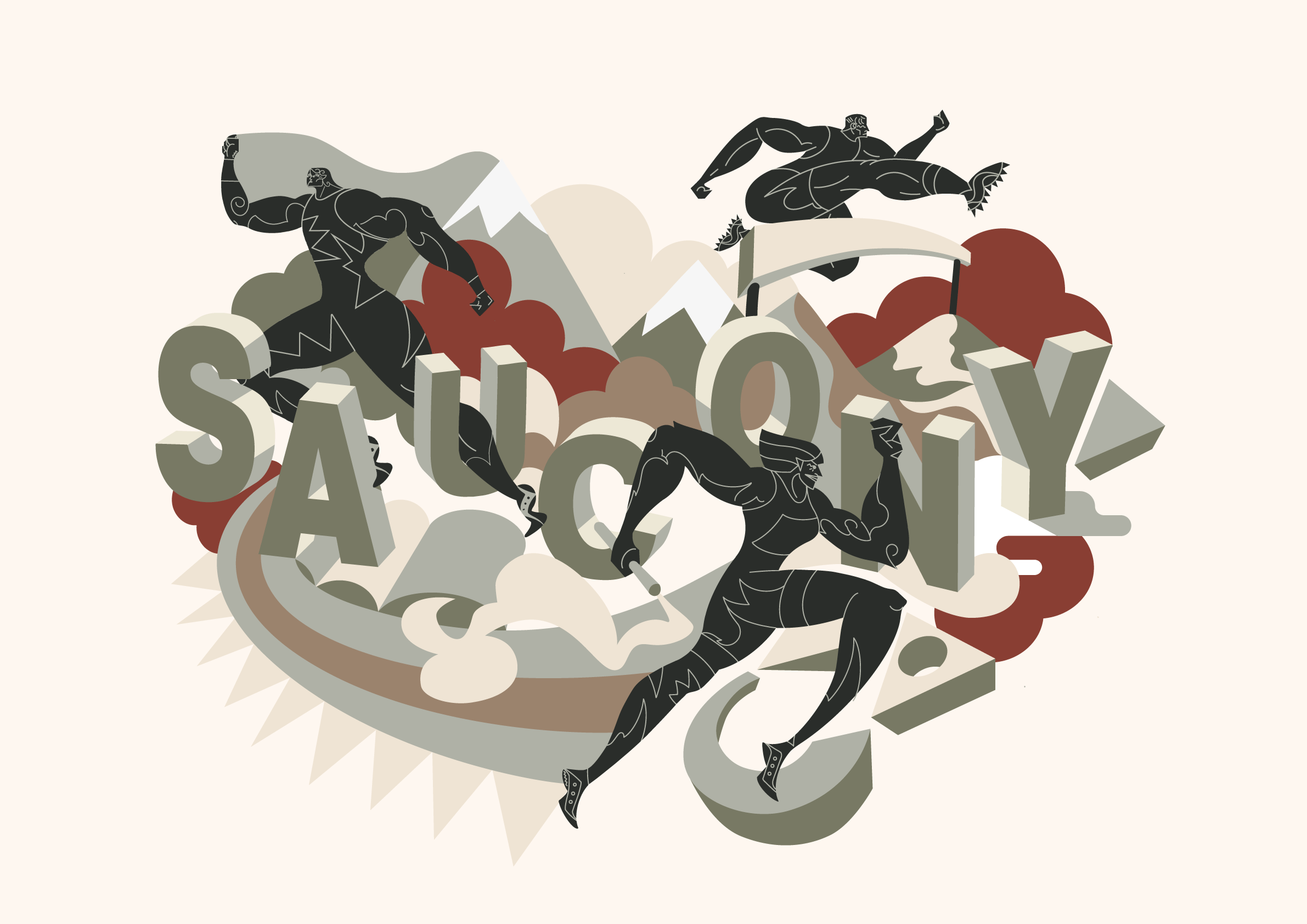 Saucony illustrated capsule collection collaboration with Chris Martin – featuring ancient Grecian olympiads in a mountain range with a muted vintage colour palette commercial collaboration with Saucony in China