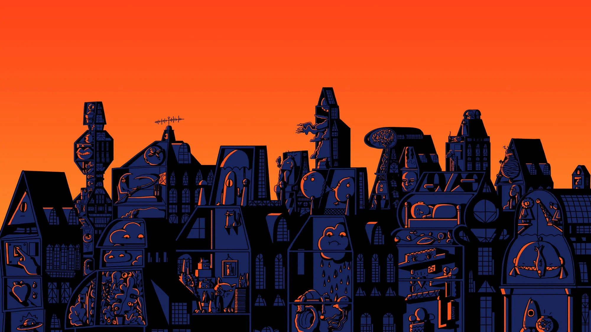 Sunset City illustration by Chris Martin – silhouetted navy cityscape of surreal animated buildings packed with hidden characters against a bold orange sunset, personal print artwork