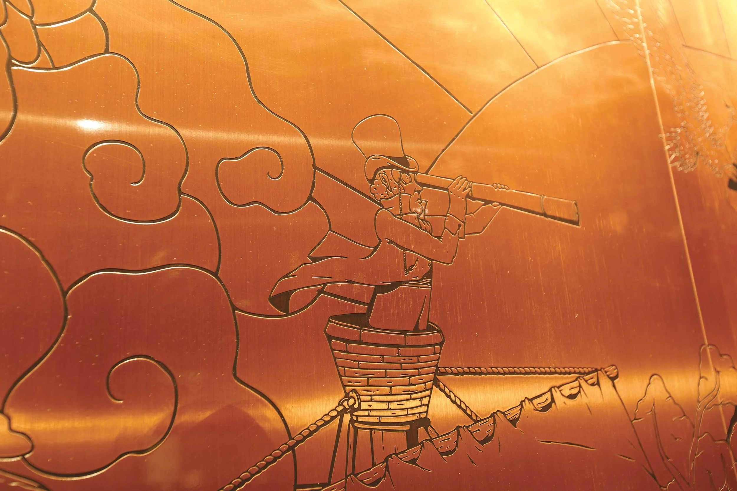 Detail of laser-cut copper wall illustration by Chris Martin – engraved figure in crow's nest with telescope aboard sailing ship, bold line art installation for Johnnie Walker Diageo