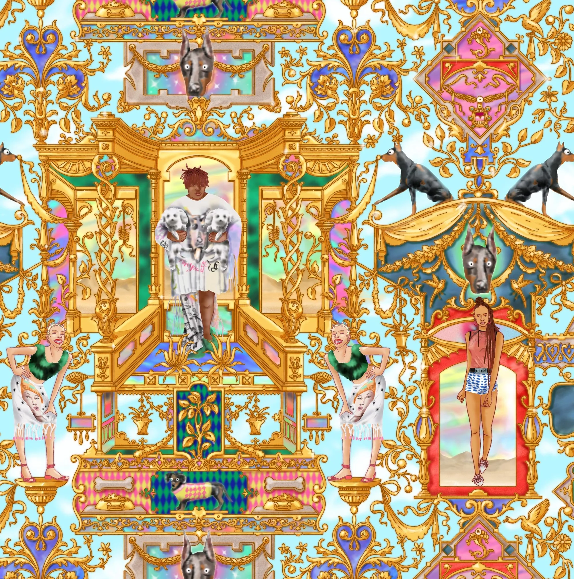 Catwalk in the Skies fashion illustration by Chris Martin – maximalist baroque repeat pattern featuring fashion figures, Doberman dogs and ornate gold filigree on pastel blue, personal fashion artwork