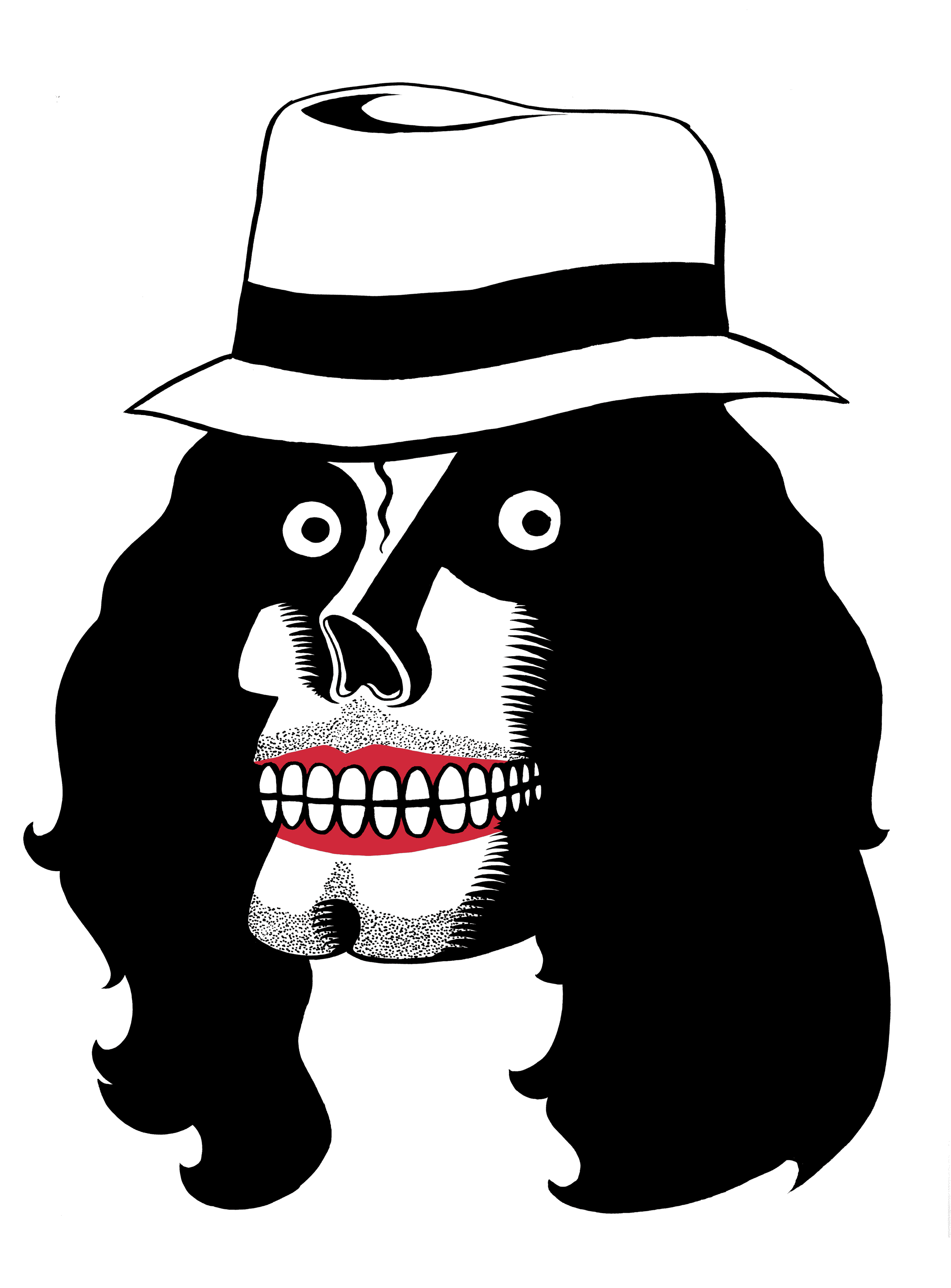 MJ Is Guilty screen print illustration by Chris Martin – bold black and white graphic portrait of a skull-faced figure with long hair and a fedora hat with red lip detail, personal satirical screen print artwork