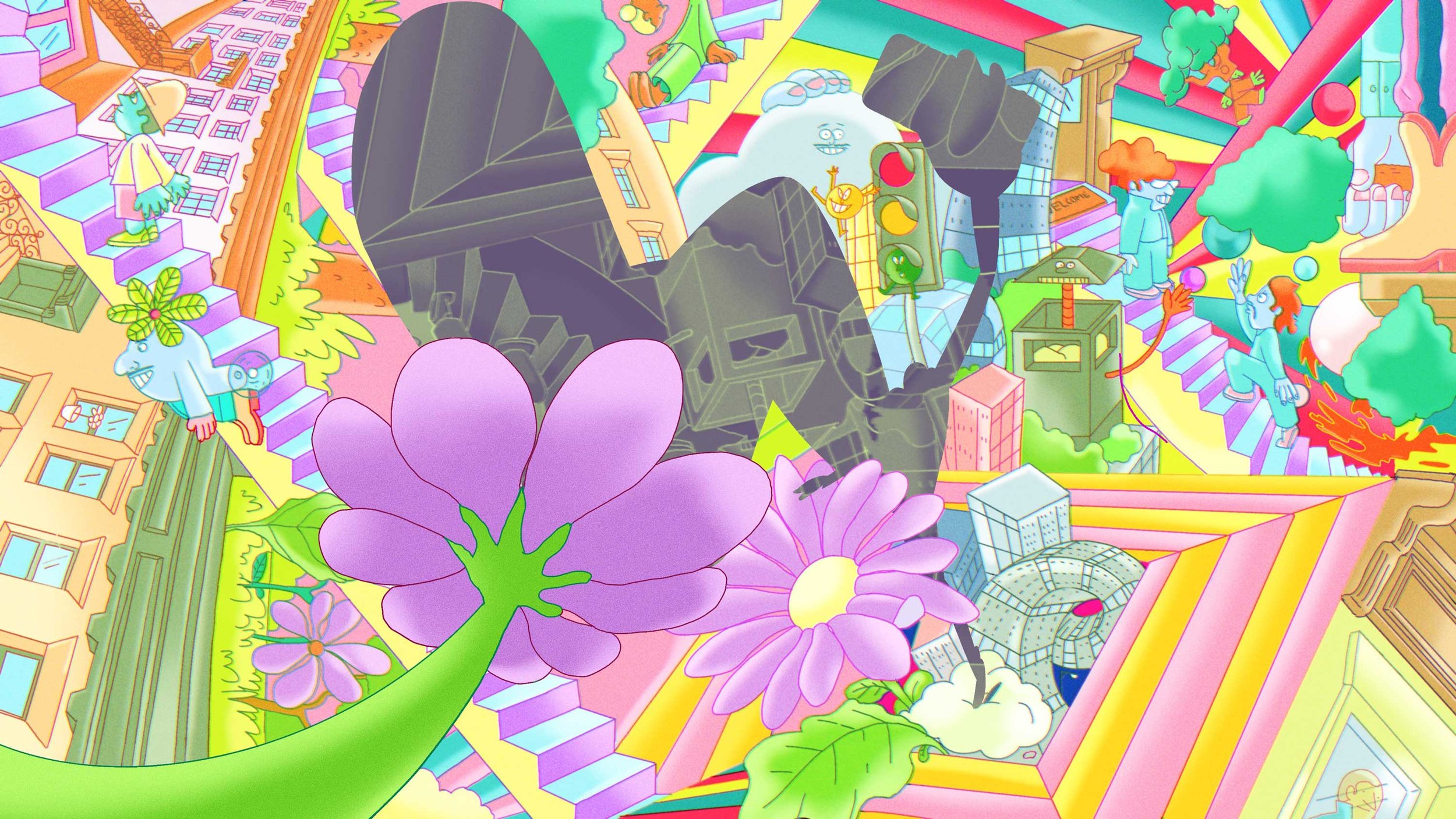 Apple iPhone pitch illustration by Chris Martin – psychedelic Escher-style digital painting featuring a surreal pastel cityscape with giant flowers, staircases and cartoon characters, commercial concept artwork