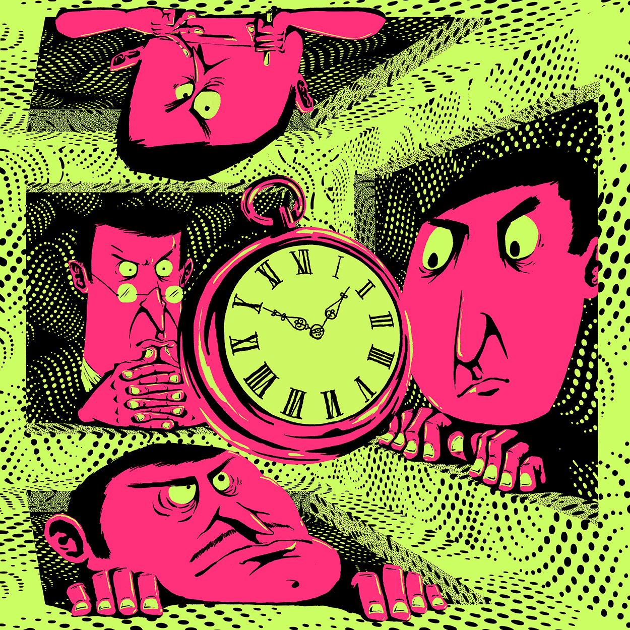 Killing Time personal illustration by Chris Martin – bold neon pink and green print featuring multiple distorted faces obsessing over a pocket watch, personal lockdown artwork