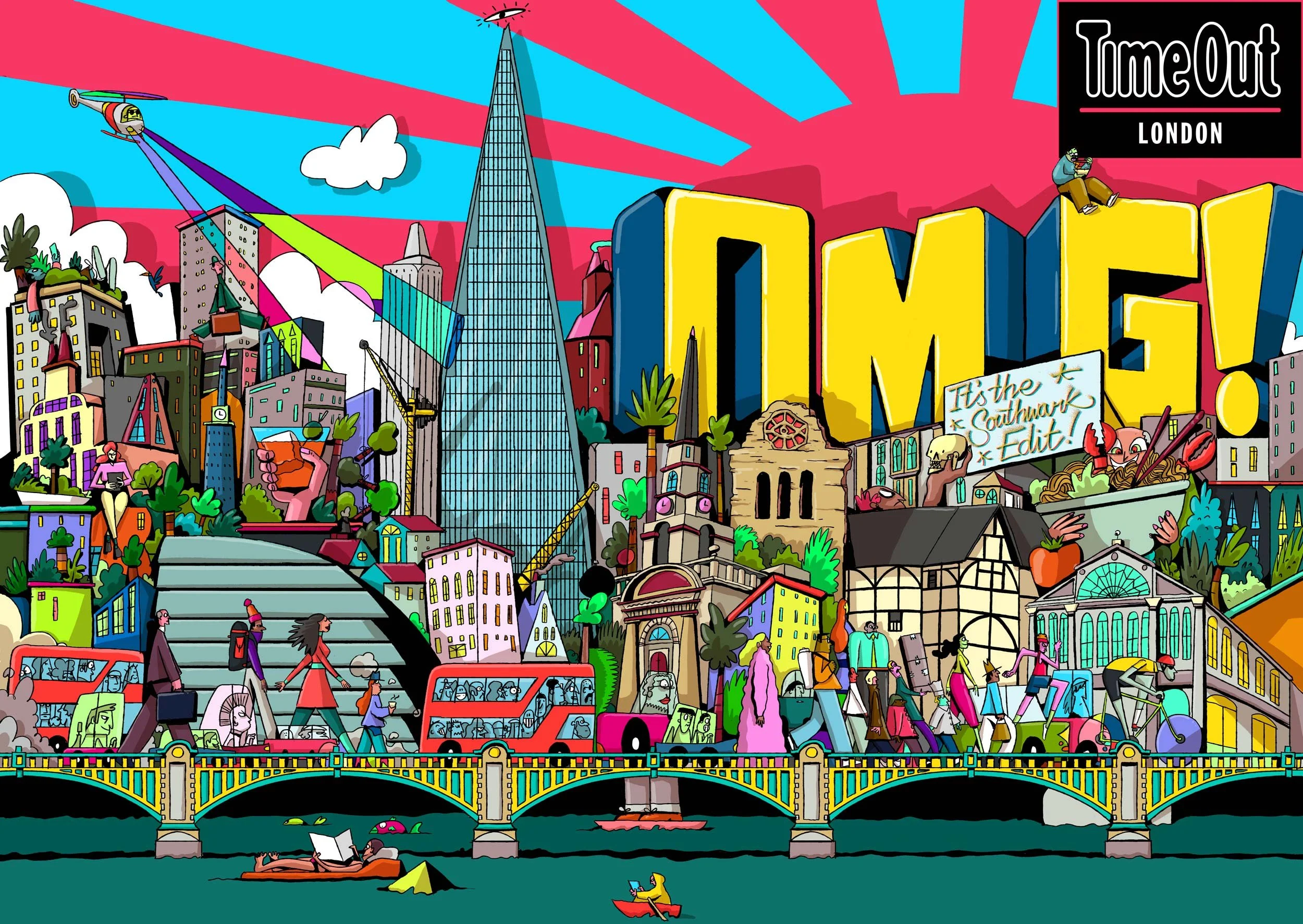 Time Out London magazine cover illustration by Chris Martin – vibrant pop art Southbank cityscape featuring the Shard, London Bridge, double-decker buses and diverse street characters with bold OMG typography, commercial editorial artwork