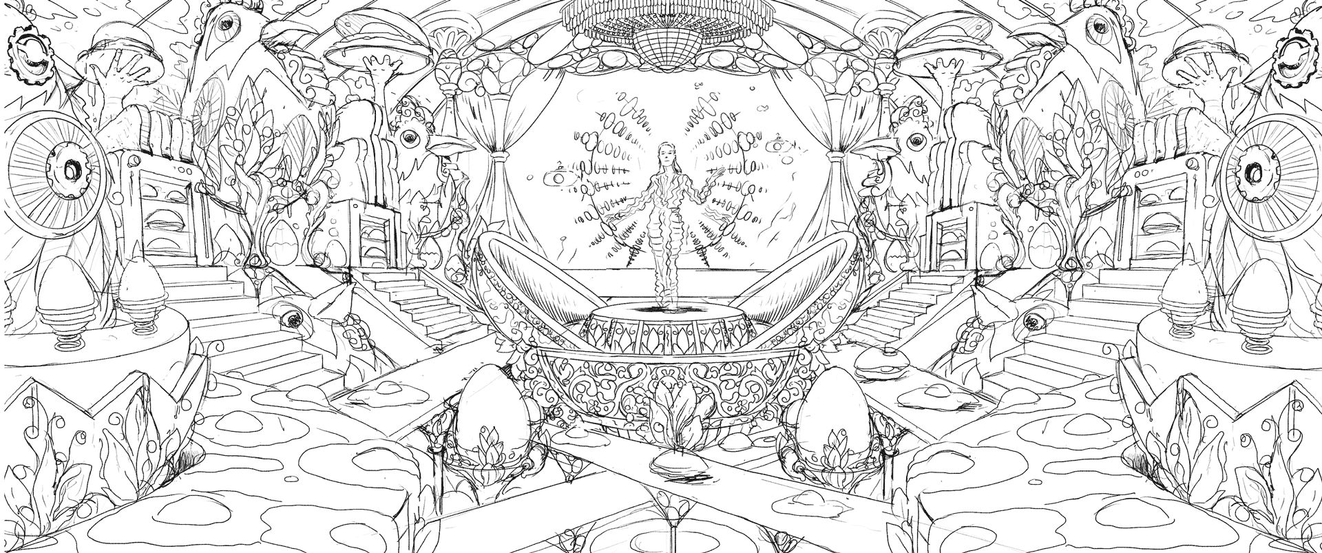 Concept art sketch by Chris Martin for Resorts World Las Vegas stage design – line drawing of surreal egg-themed set with giant birds, fountain and central performer, PSYOP production set design illustration