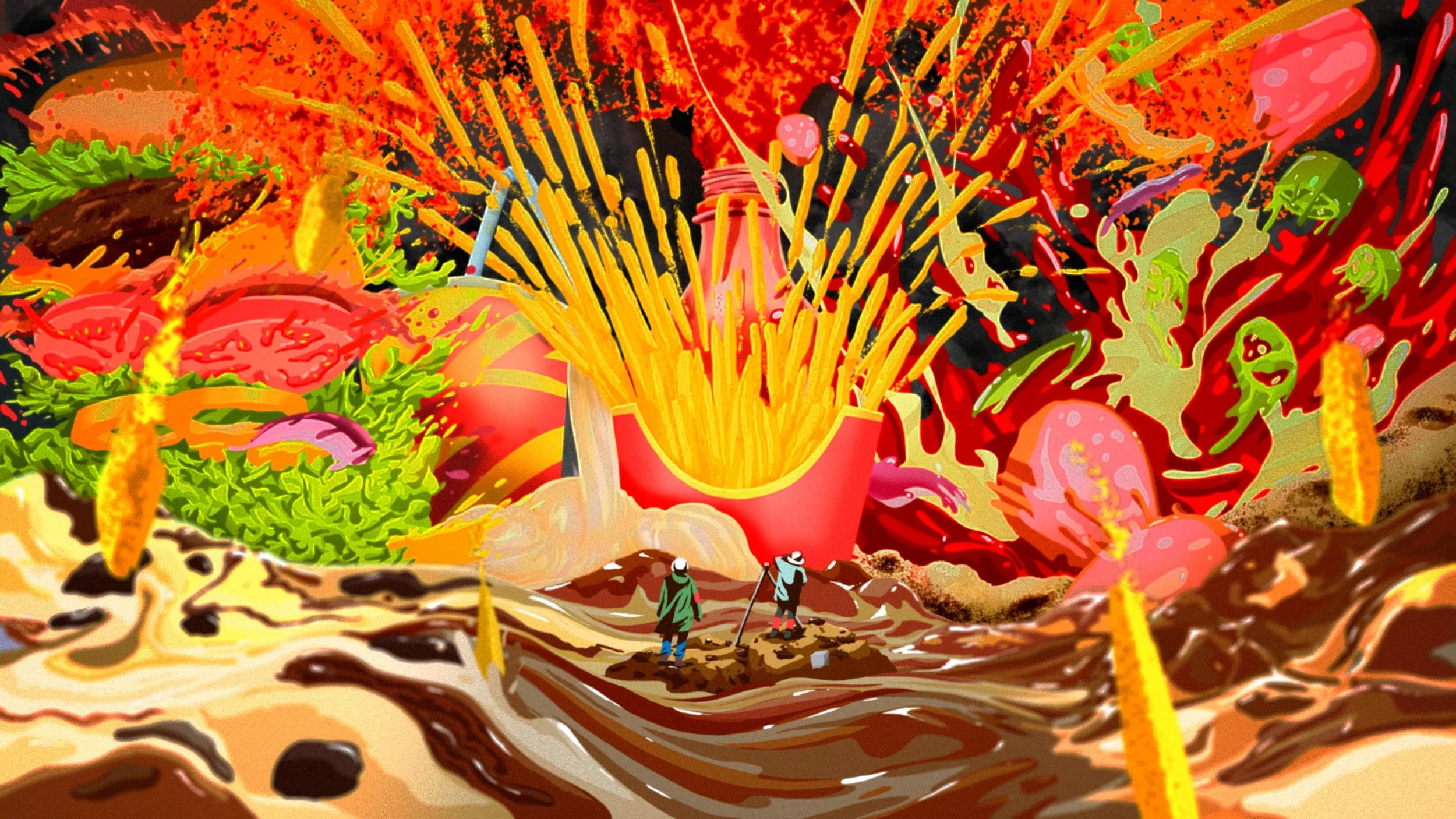 Guardian Observer food review editorial illustration by Chris Martin – explosive surreal digital painting of fast food landscape with giant french fries erupting like a volcano over tiny explorers, commercial editorial artwork