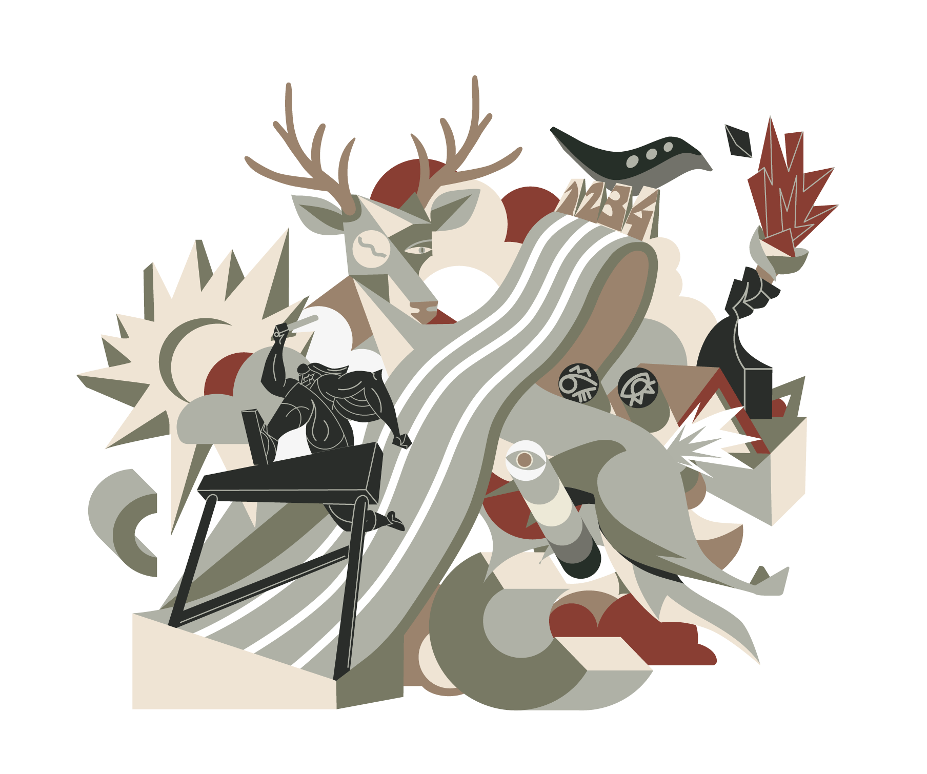 Saucony illustrated capsule collection collaboration with Chris Martin – featuring a cubist style, saucony logo, white tailed deer, the olympic torch  in a muted vintage colour palette commercial collaboration with Saucony in China