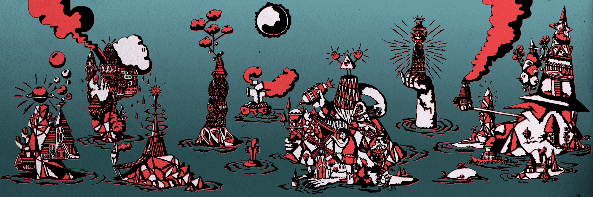 Lord of the Isles illustration by Chris Martin – panoramic red, black and teal artwork featuring surreal gothic island towers rising from dark water under a yin-yang moon, personal print artwork