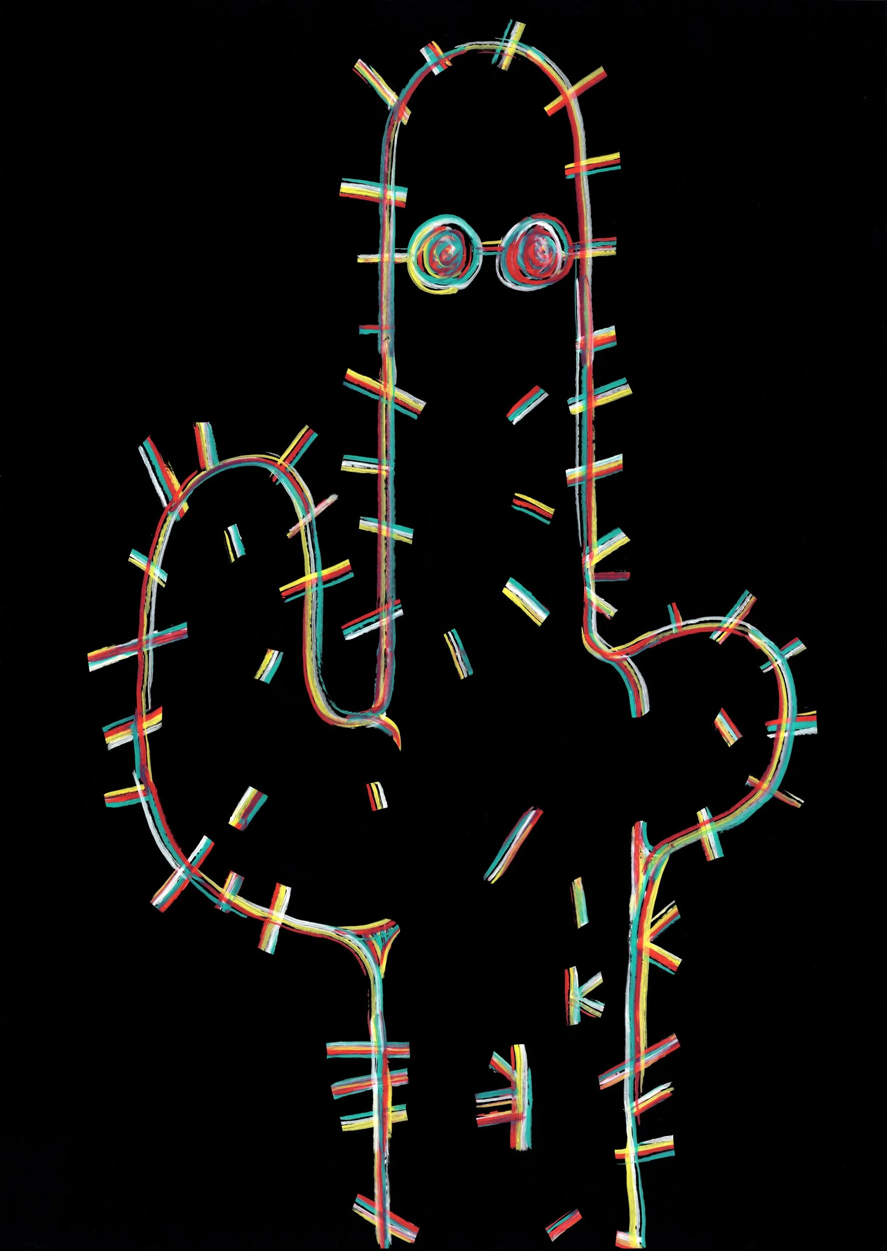 Peyote Cactus oil stick painting by Chris Martin – neon multicolour gestural line drawing of an anthropomorphic cactus character with spiral eyes on black background, personal mixed media artwork